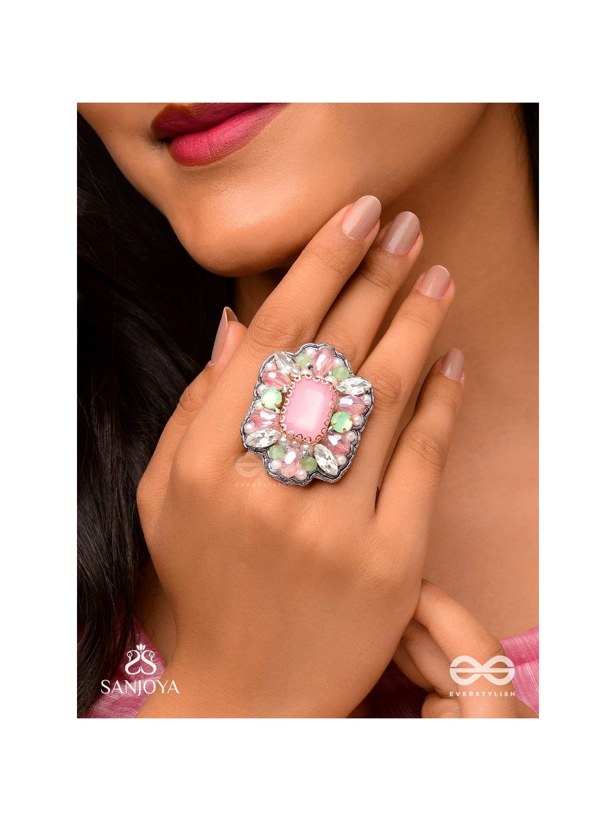 SUKRATMANI –WELL-CRAFTED GEM –HAND EMBROIDERED PINK RING EMBELLISHED WITH STONES AND PEARLS