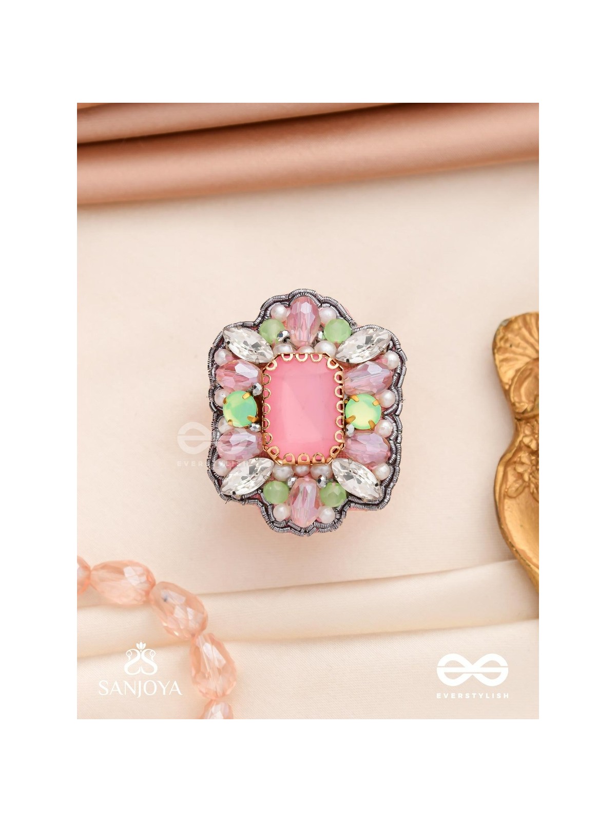 SUKRATMANI –WELL-CRAFTED GEM –HAND EMBROIDERED PINK RING EMBELLISHED WITH STONES AND PEARLS