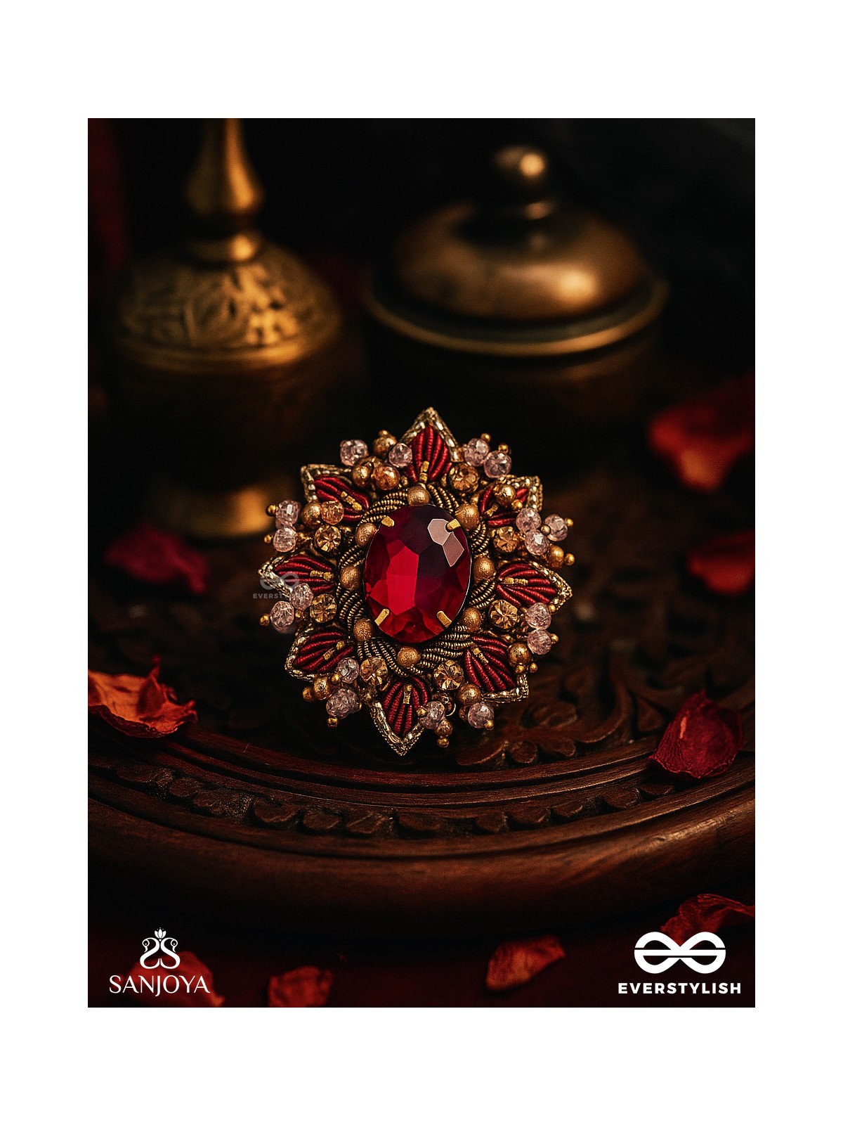 PRABHA - THE RADIANT RED DAISY - EMBROIDERED FLOWER DESIGN WITH CENTRAL RED STONE AND BEADS 