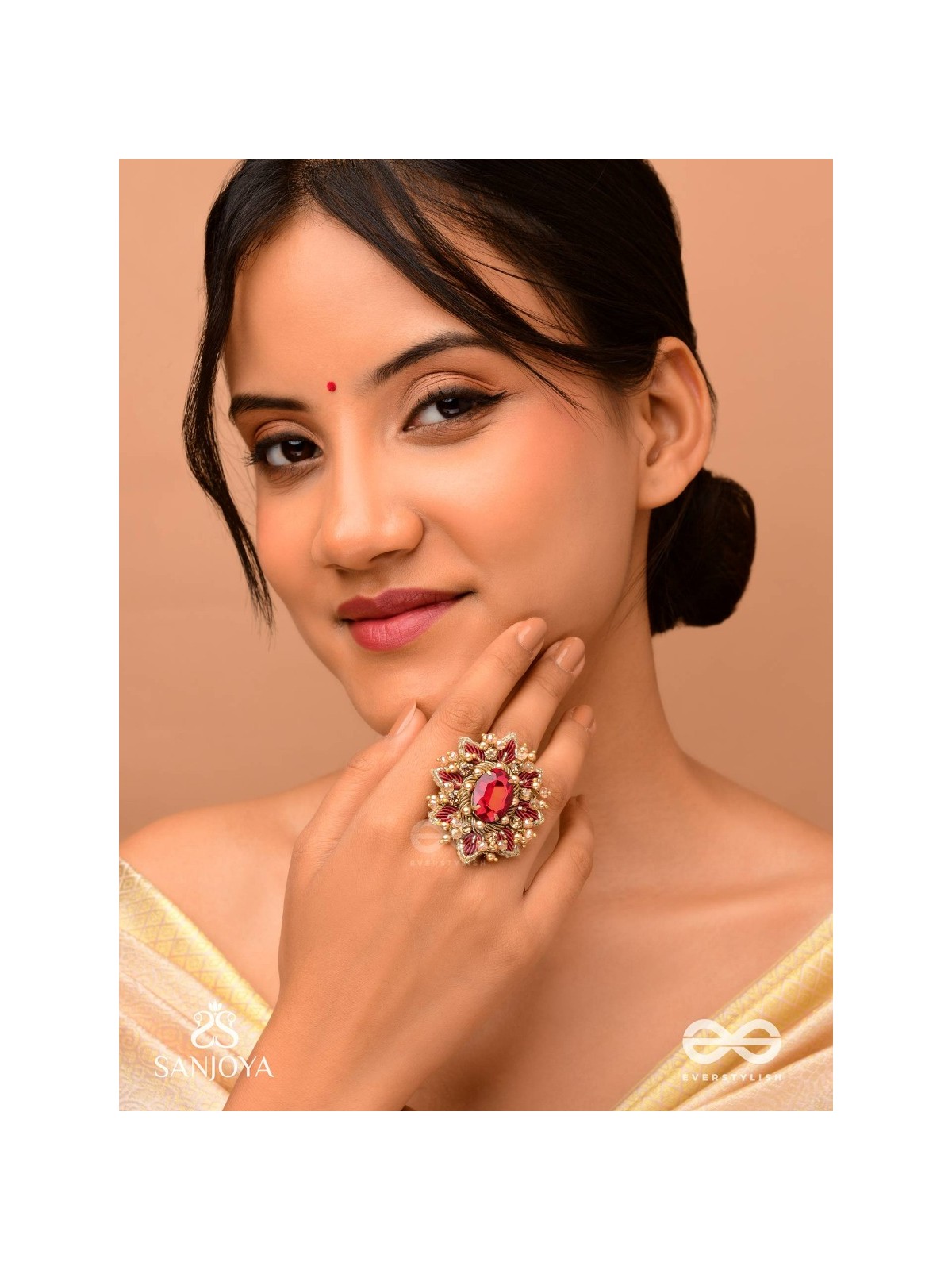 PRABHA - THE RADIANT RED DAISY - EMBROIDERED FLOWER DESIGN WITH CENTRAL RED STONE AND BEADS 