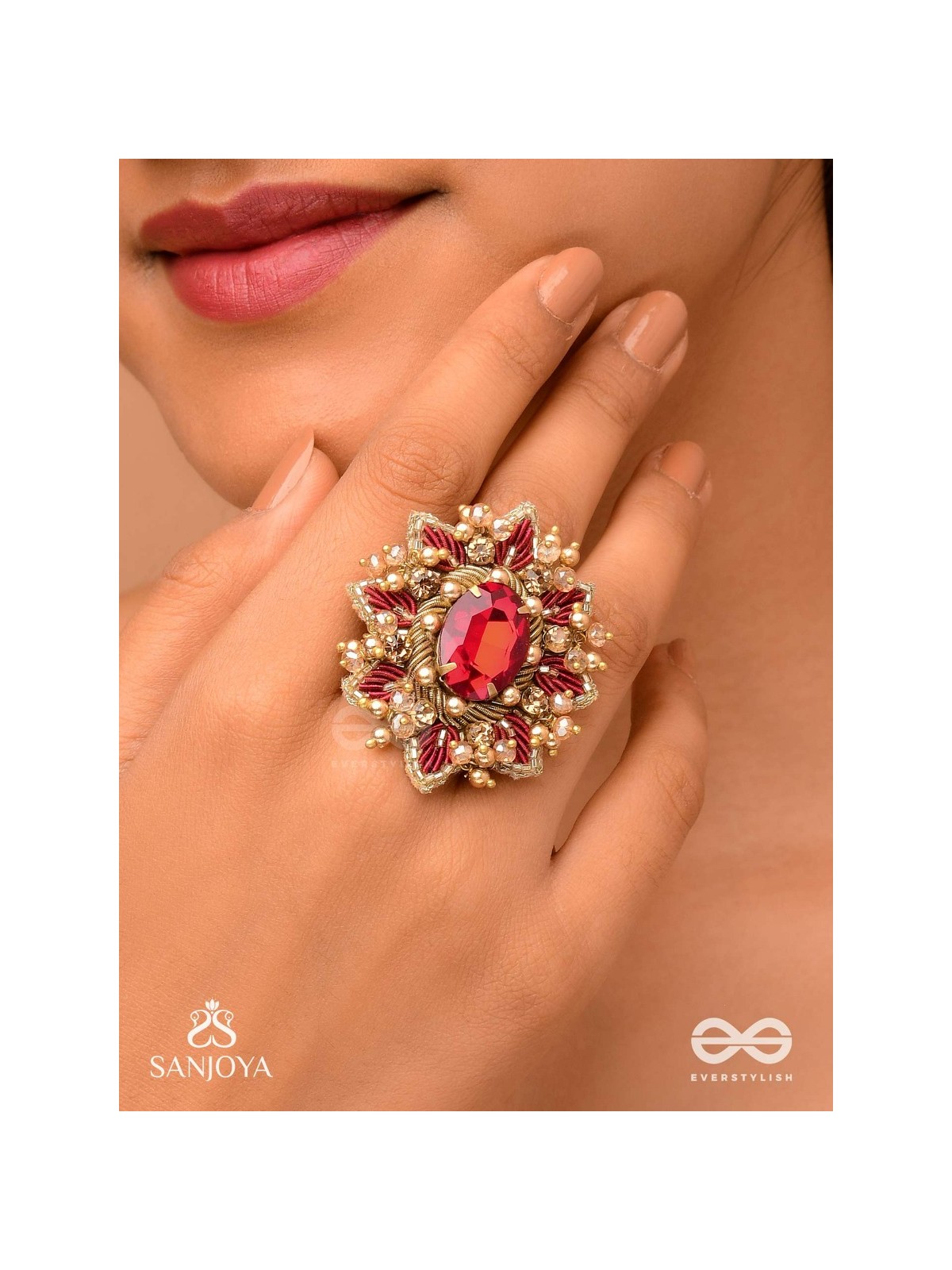 PRABHA - THE RADIANT RED DAISY - EMBROIDERED FLOWER DESIGN WITH CENTRAL RED STONE AND BEADS 