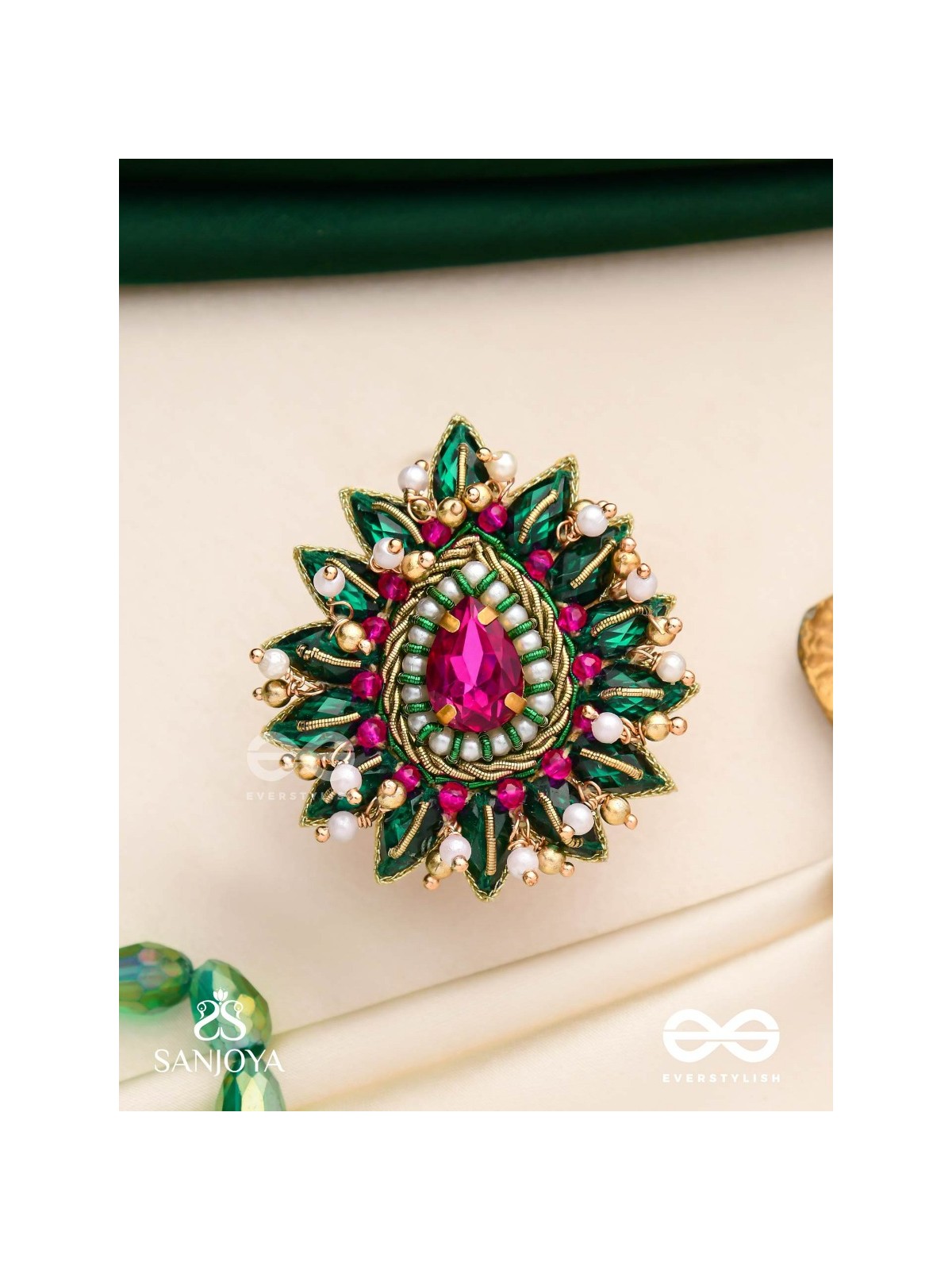 KANTARA - THE CHARM HOLDER - EMBROIDERED FLOWER DESIGN WITH PURPLE GEMSTONE AND PEARLS