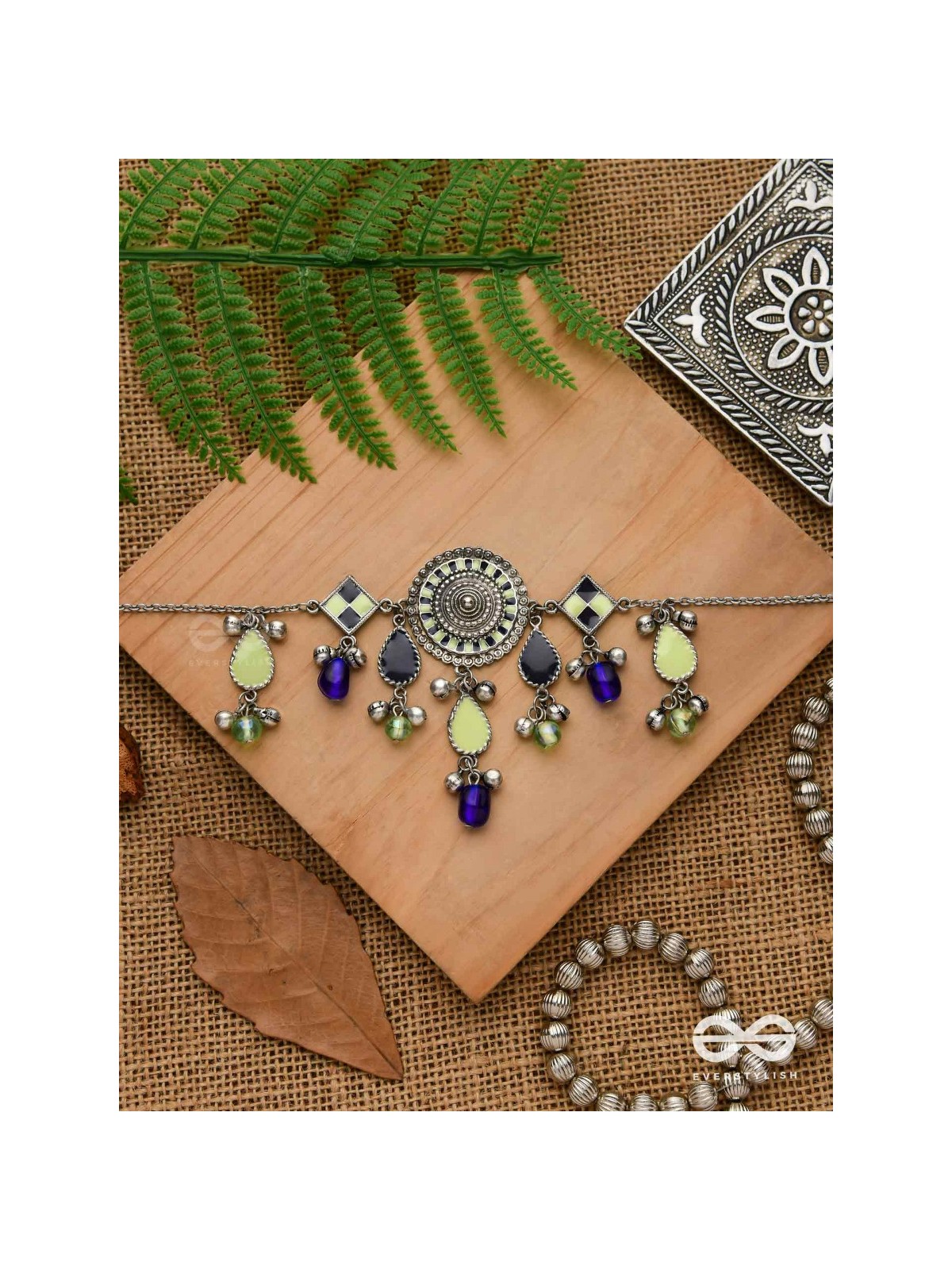 The Blue Stone - Embellished silver oxidized geometrical motif necklace