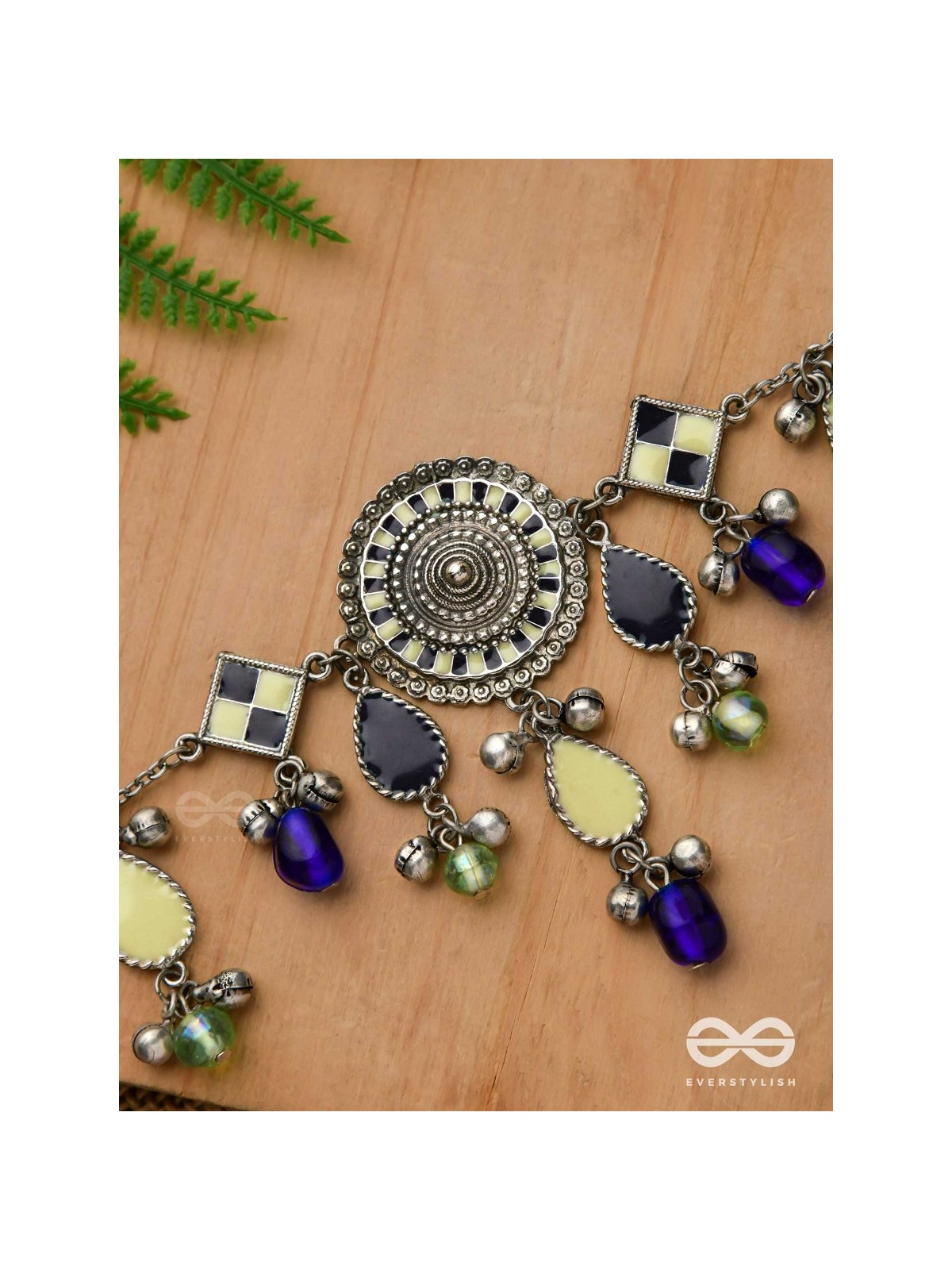 The Blue Stone - Embellished silver oxidized geometrical motif necklace