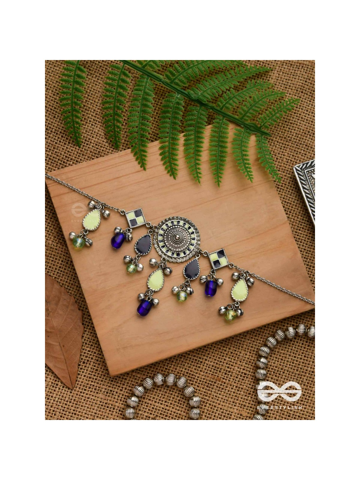 The Blue Stone - Embellished silver oxidized geometrical motif necklace