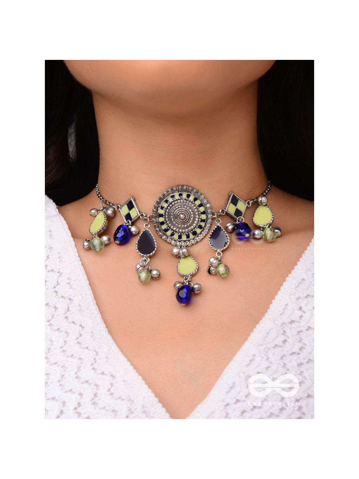 The Blue Stone - Embellished silver oxidized geometrical motif necklace