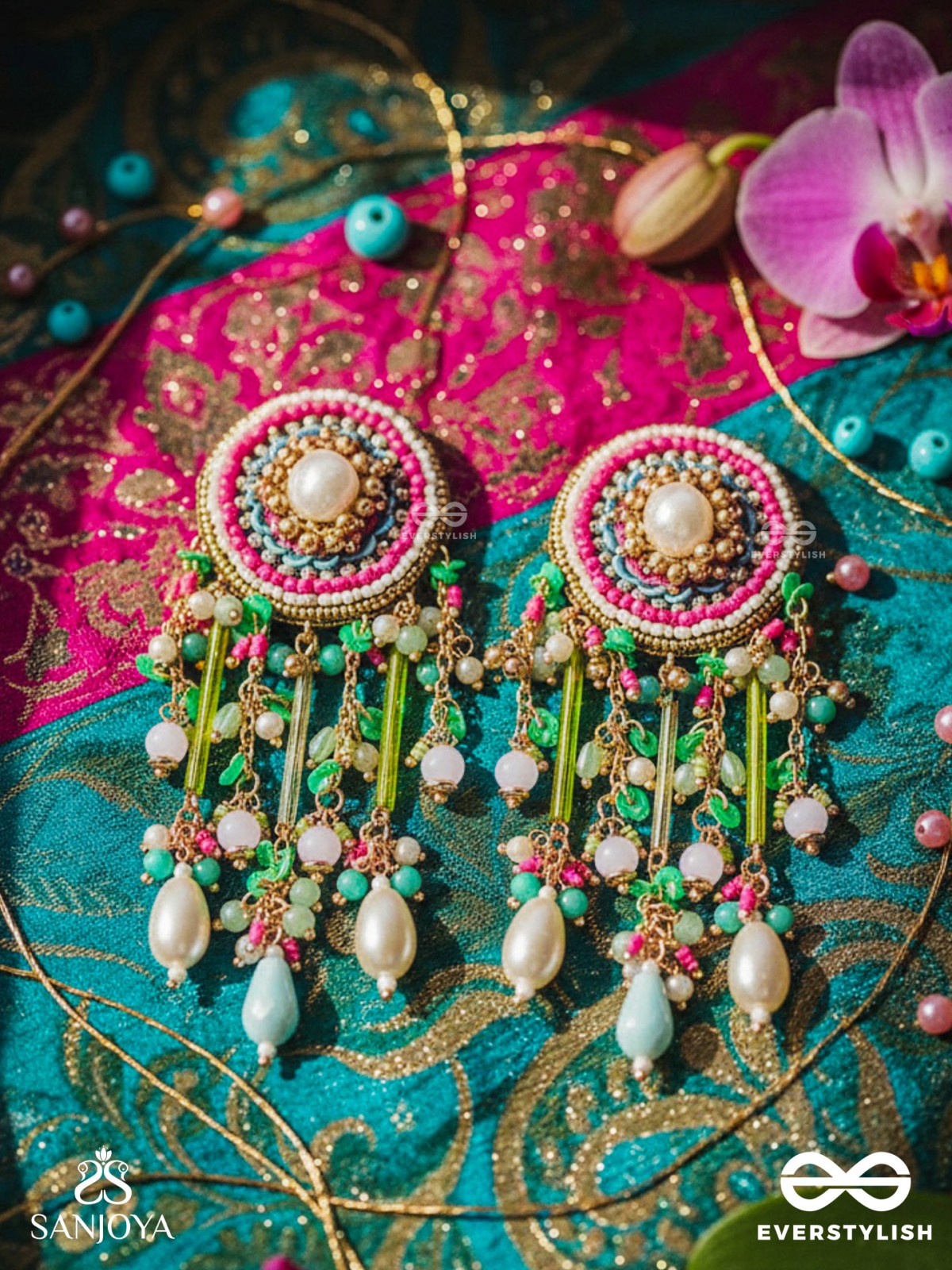 MANJUSUMANA - BEAUTIFUL BLOSSOM - HAND EMBROIDERED COLOURFUL EARRINGS WITH CIRCULAR MOTIF EMBELLISHED WITH BEADS AND DECORATIVE FRINGES