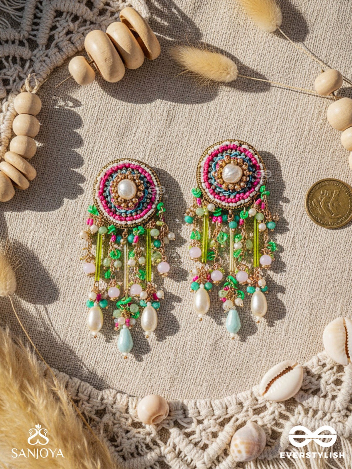 MANJUSUMANA - BEAUTIFUL BLOSSOM - HAND EMBROIDERED COLOURFUL EARRINGS WITH CIRCULAR MOTIF EMBELLISHED WITH BEADS AND DECORATIVE FRINGES