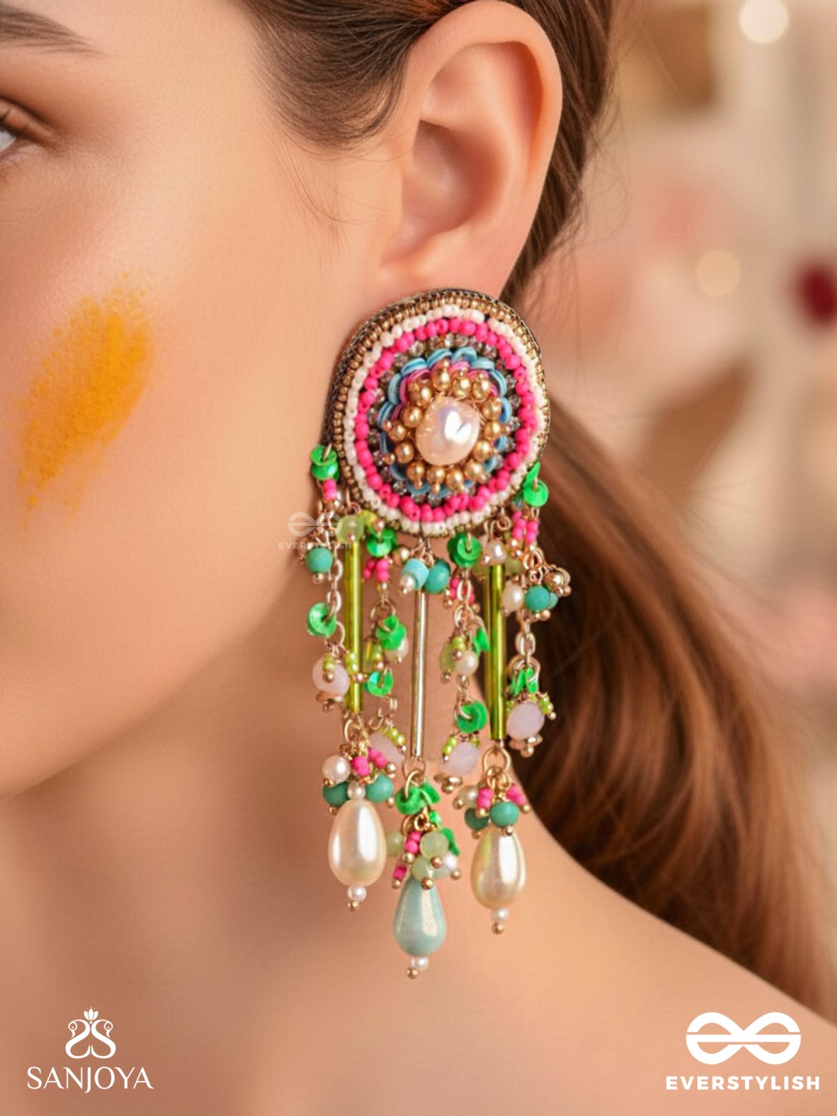 MANJUSUMANA - BEAUTIFUL BLOSSOM - HAND EMBROIDERED COLOURFUL EARRINGS WITH CIRCULAR MOTIF EMBELLISHED WITH BEADS AND DECORATIVE FRINGES