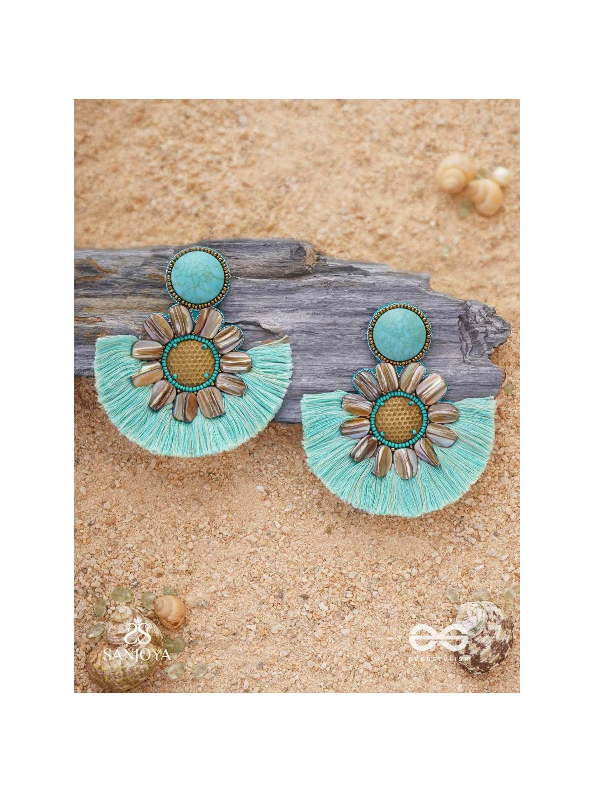 Vibhusitpuspa - the adorned flower - embroidered flower earrings with turquoise tassles