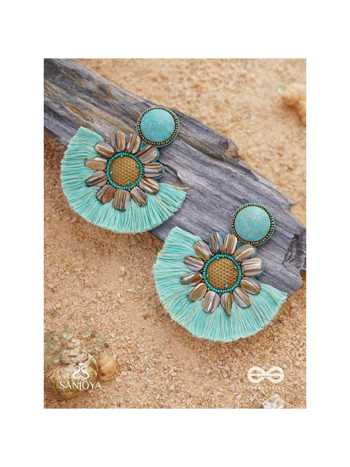 Vibhusitpuspa - the adorned flower - embroidered flower earrings with turquoise tassles