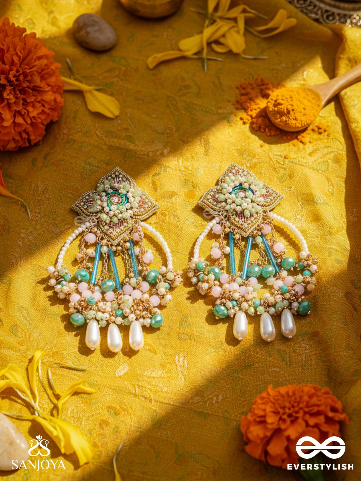 Vasudhara - The flow of colours - Pastel embroidered earrings adorned with beads and pearl danglers