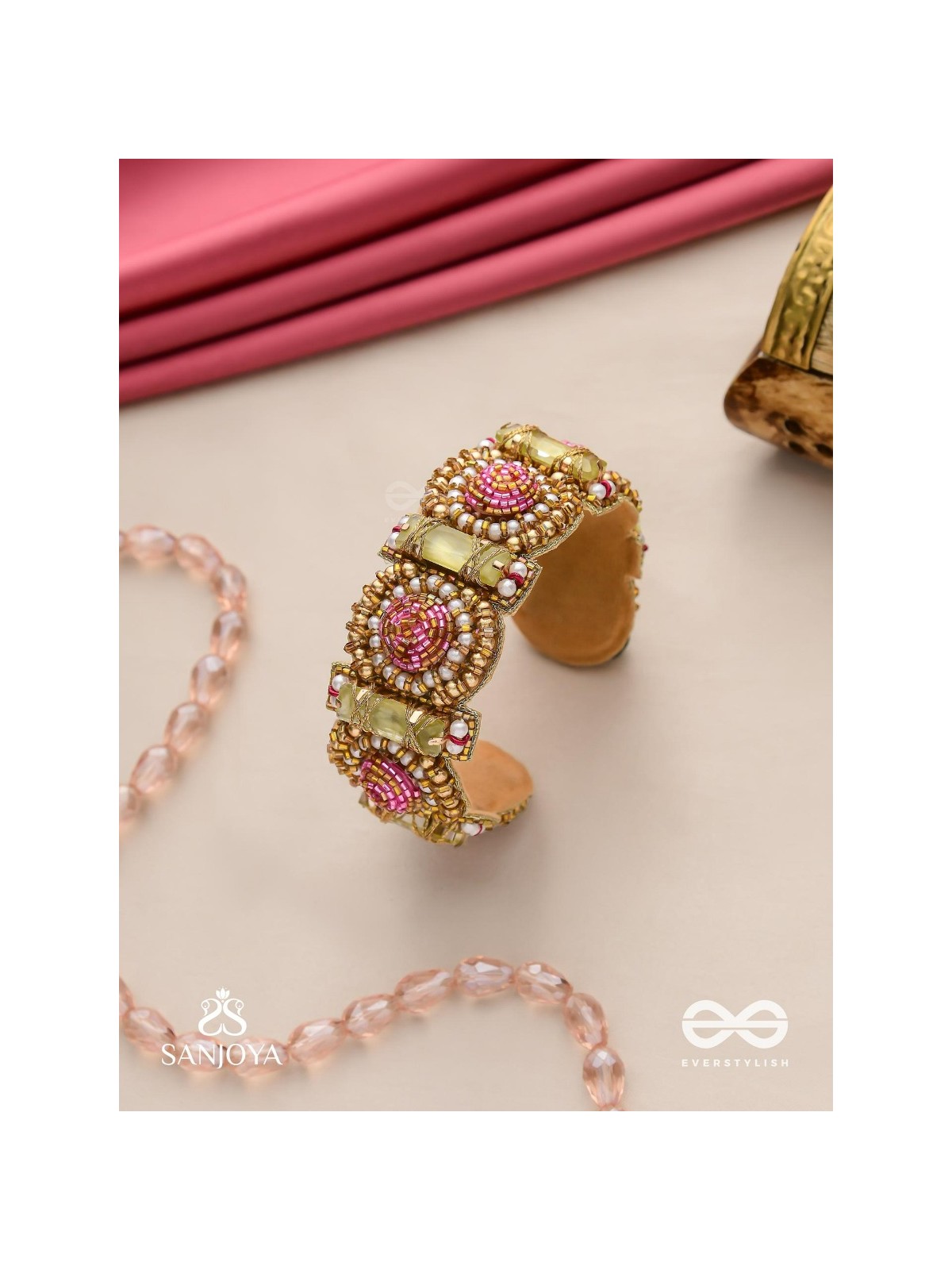 Manikarna - The Regal Gems - Pink and golden beads and stones embroidered bracelet