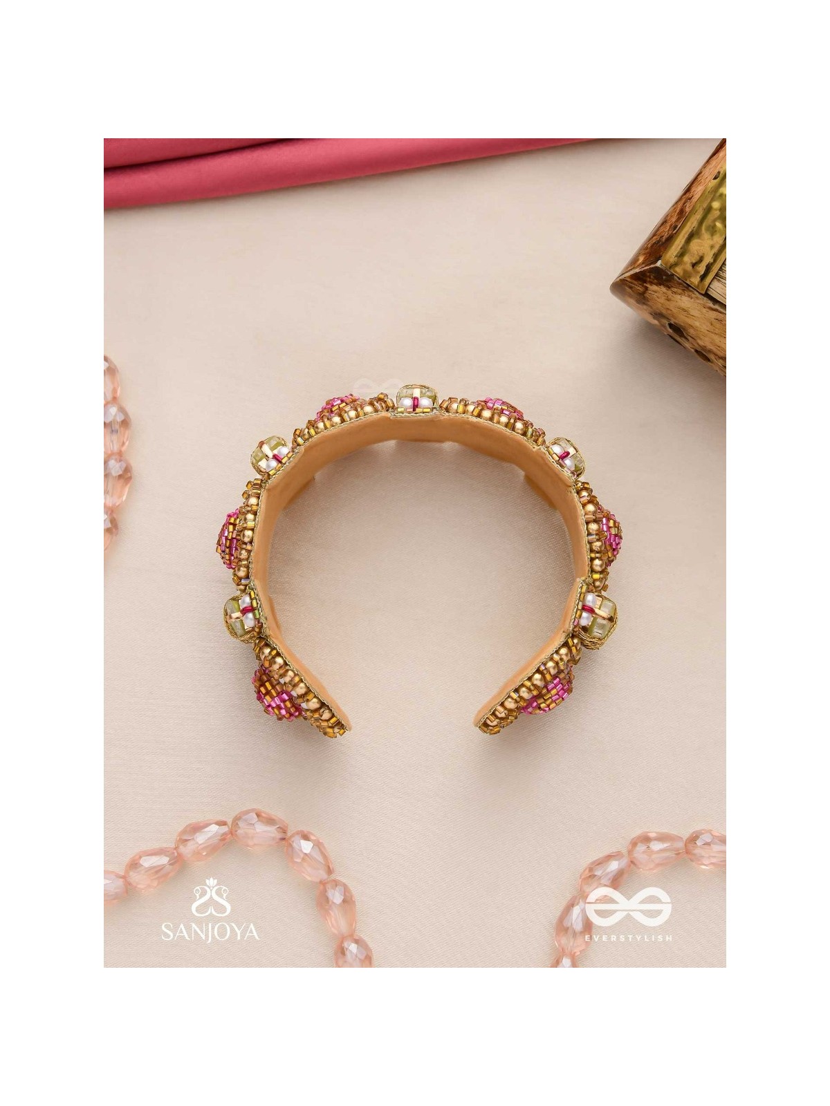 Manikarna - The Regal Gems - Pink and golden beads and stones embroidered bracelet
