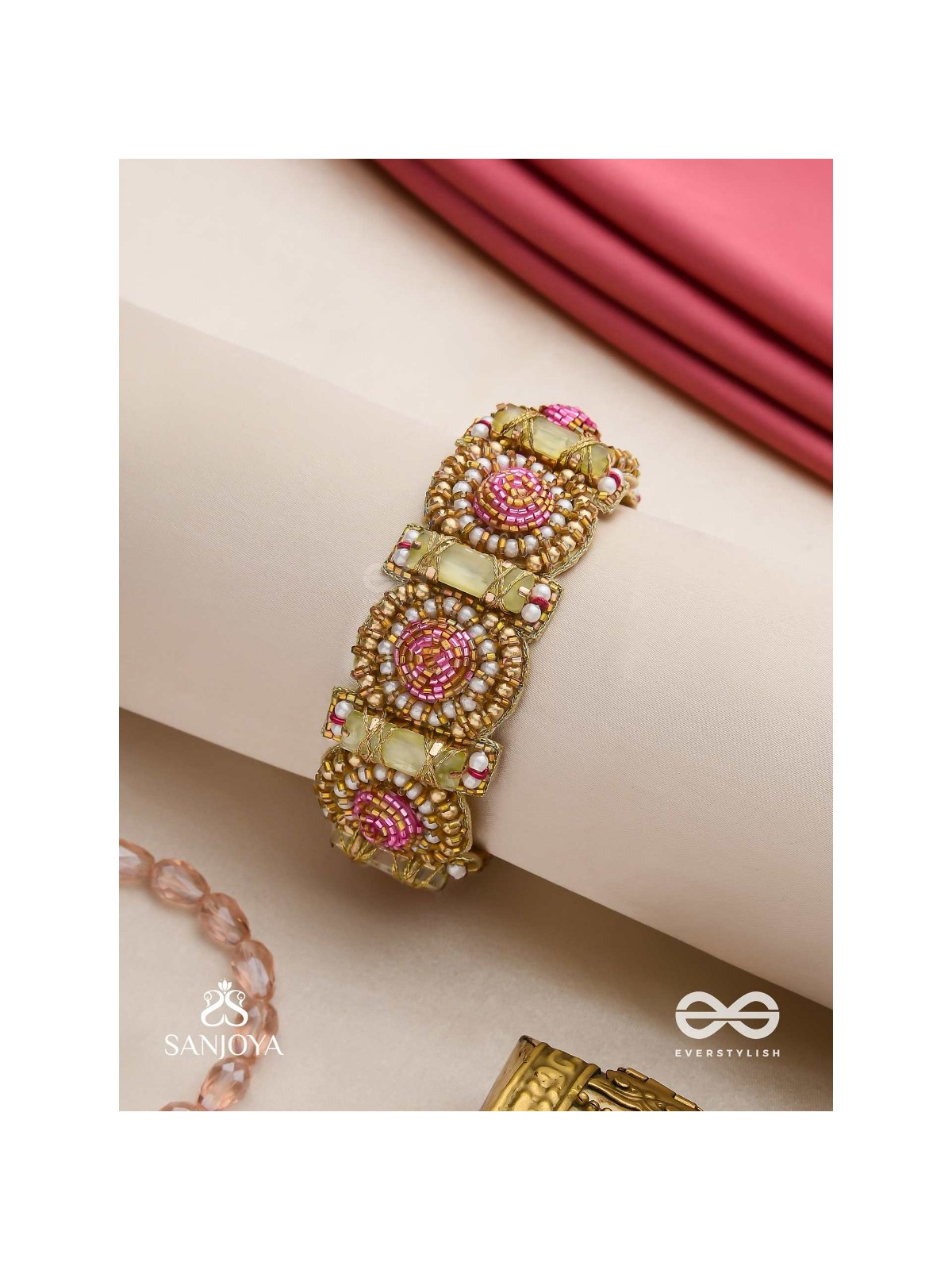 Manikarna - The Regal Gems - Pink and golden beads and stones embroidered bracelet