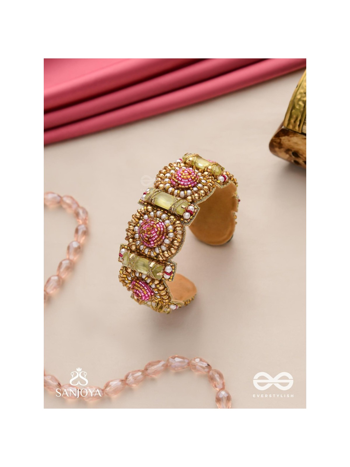 Manikarna - The Regal Gems - Pink and golden beads and stones embroidered bracelet