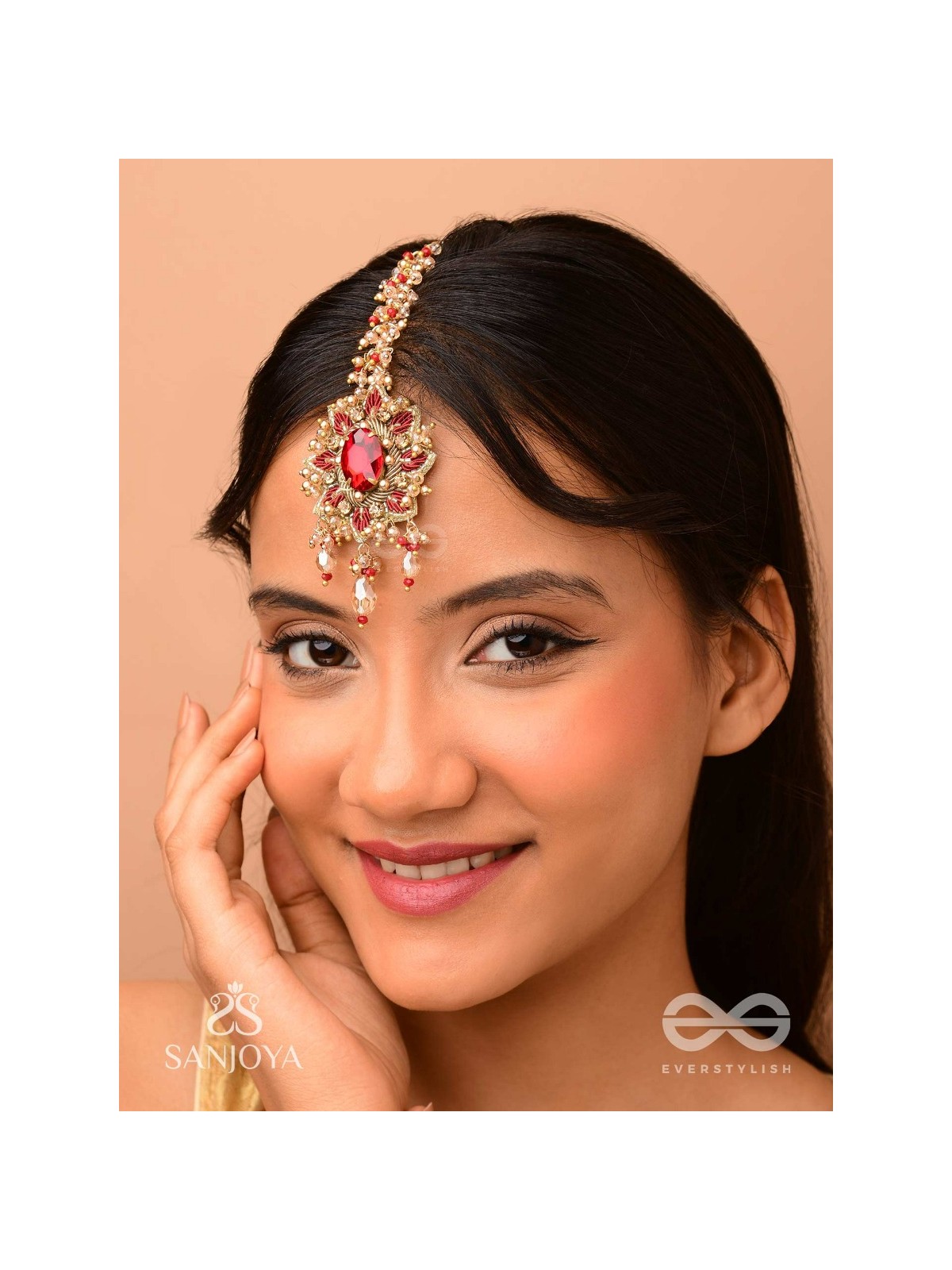Kumudinikunda-Delicate lotus-Embroidered hair accessory with a red stone & golden embellishments