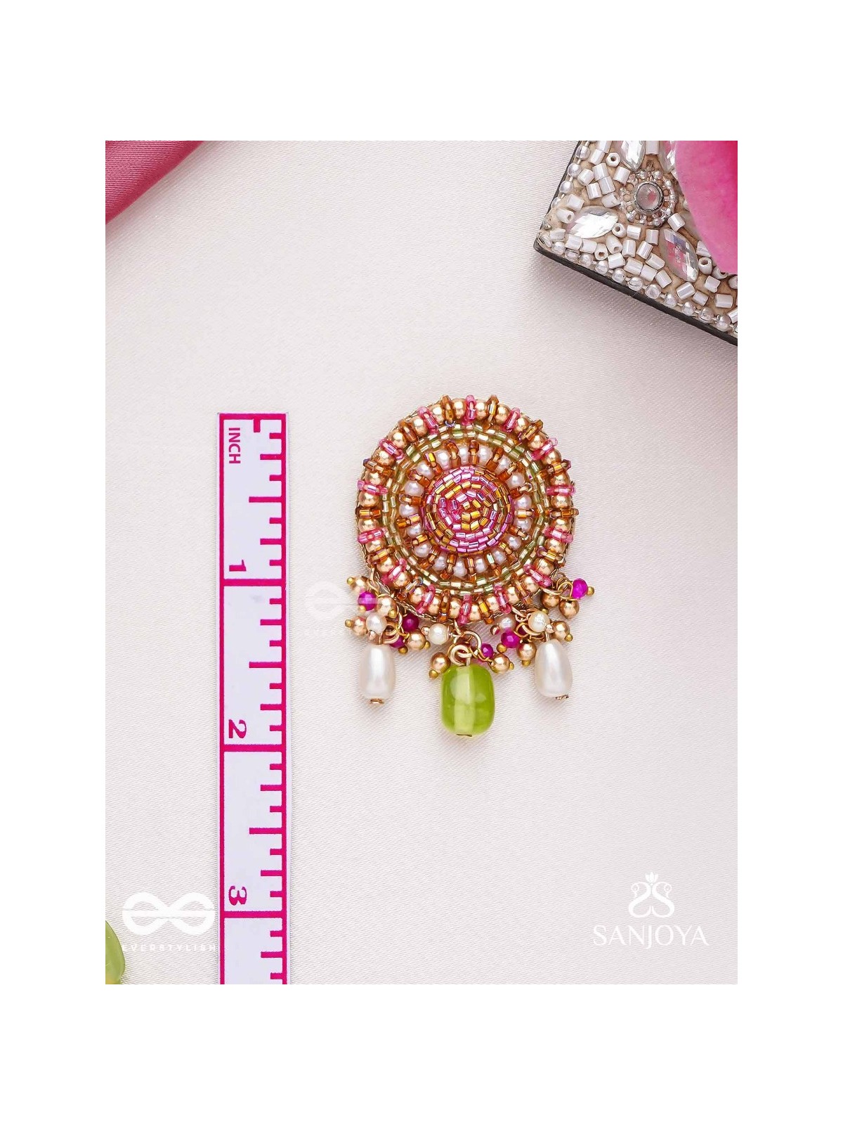 Māṇikyamāṇḍala- Gem Mandala-Circular motifs embellished with pink and golden accents, beads, and stones
