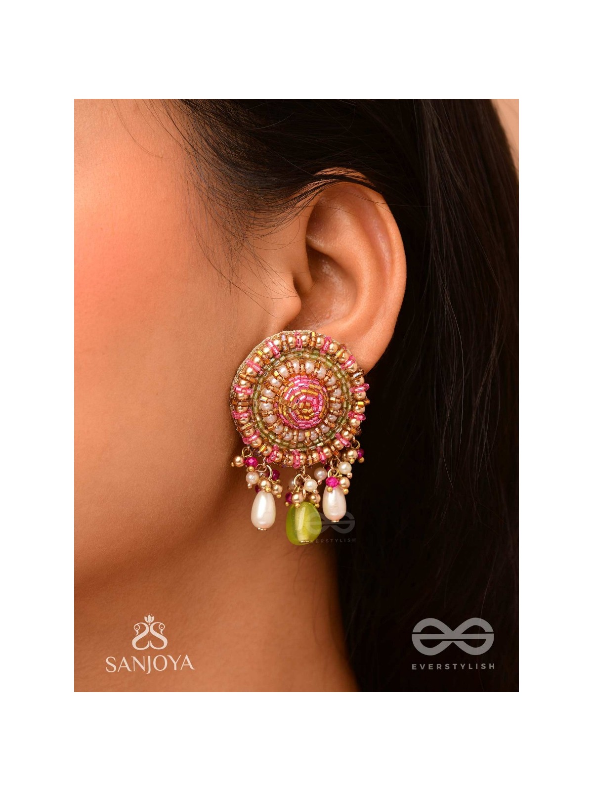 Māṇikyamāṇḍala- Gem Mandala-Circular motifs embellished with pink and golden accents, beads, and stones