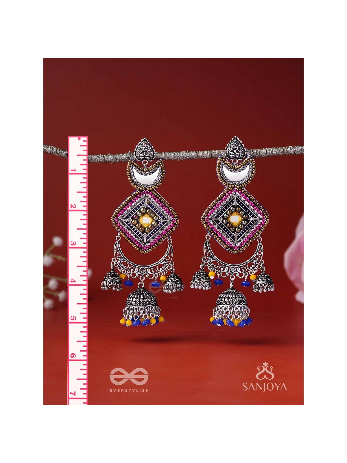 CHANDRAKANTA-MOONSTONE EARRINGS-STATEMENT OXIDISED JHUMKAS WITH MIRROR, BEADS AND THREAD WORK