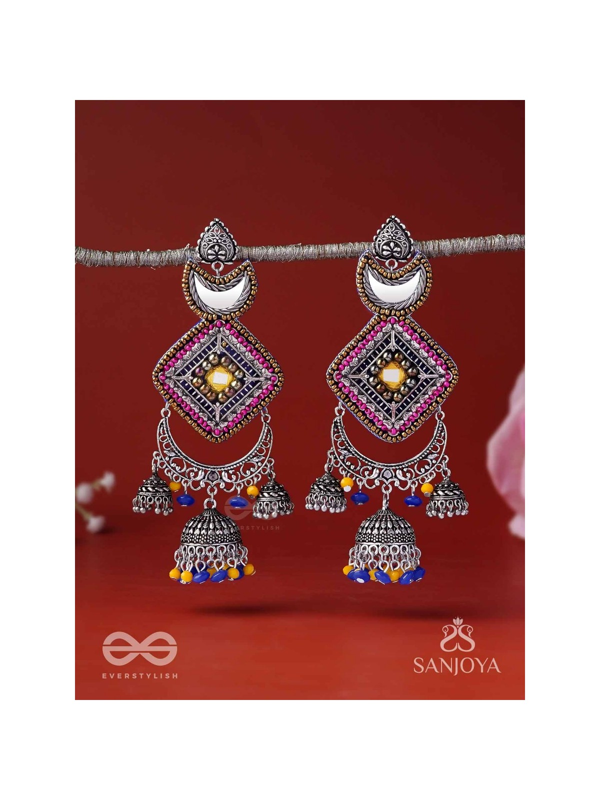 CHANDRAKANTA-MOONSTONE EARRINGS-STATEMENT OXIDISED JHUMKAS WITH MIRROR, BEADS AND THREAD WORK