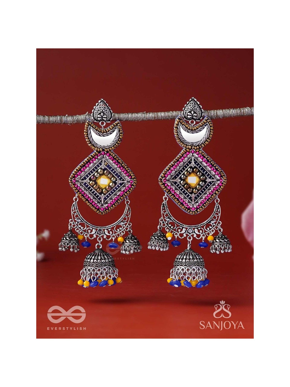 CHANDRAKANTA-MOONSTONE EARRINGS-STATEMENT OXIDISED JHUMKAS WITH MIRROR, BEADS AND THREAD WORK