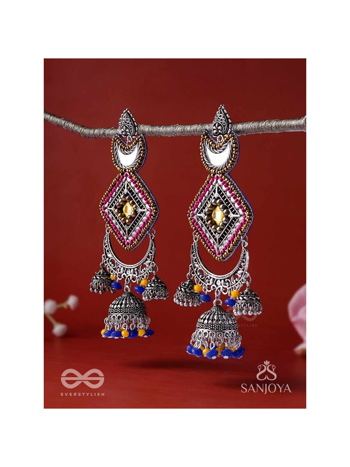 CHANDRAKANTA-MOONSTONE EARRINGS-STATEMENT OXIDISED JHUMKAS WITH MIRROR, BEADS AND THREAD WORK
