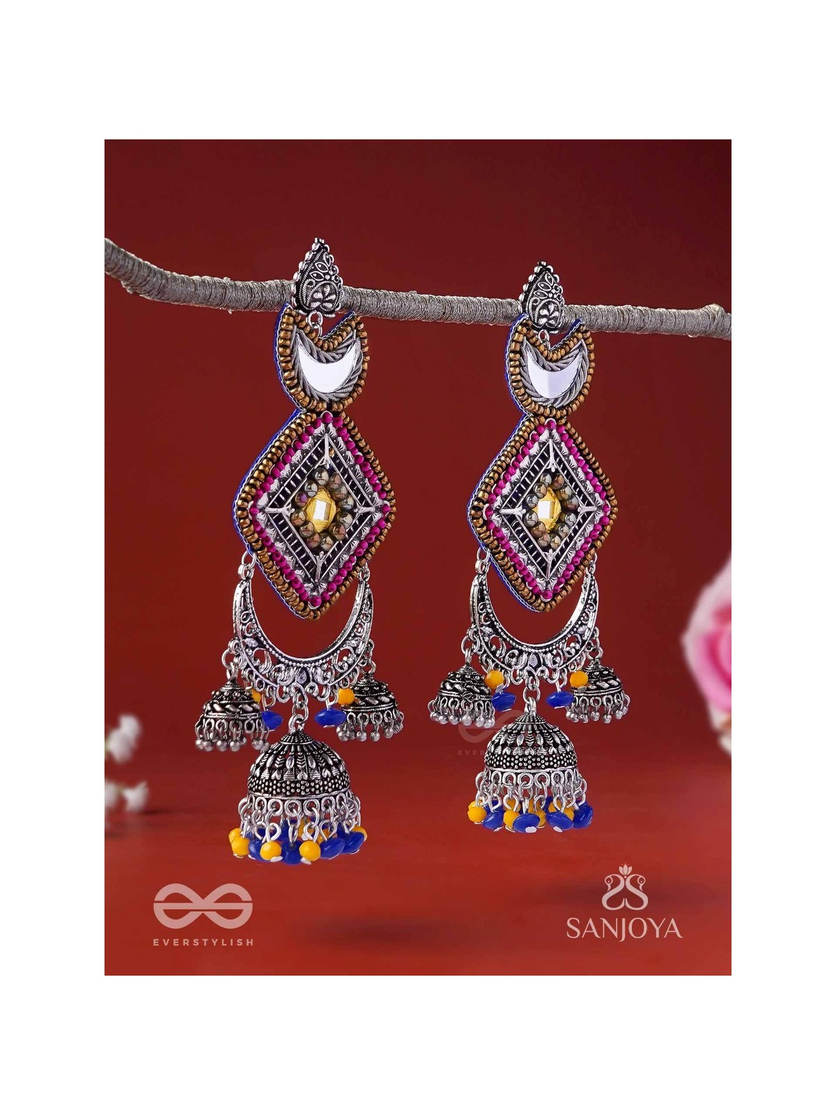 CHANDRAKANTA-MOONSTONE EARRINGS-STATEMENT OXIDISED JHUMKAS WITH MIRROR, BEADS AND THREAD WORK