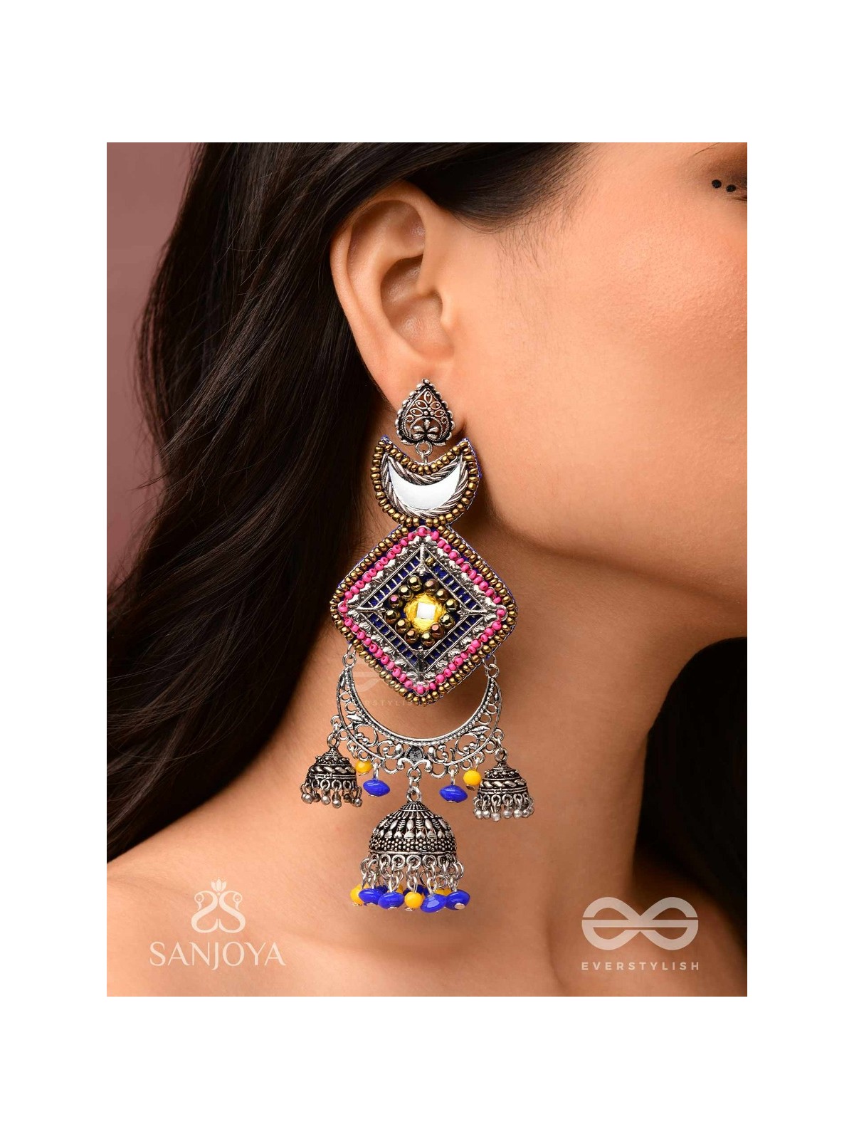 CHANDRAKANTA-MOONSTONE EARRINGS-STATEMENT OXIDISED JHUMKAS WITH MIRROR, BEADS AND THREAD WORK