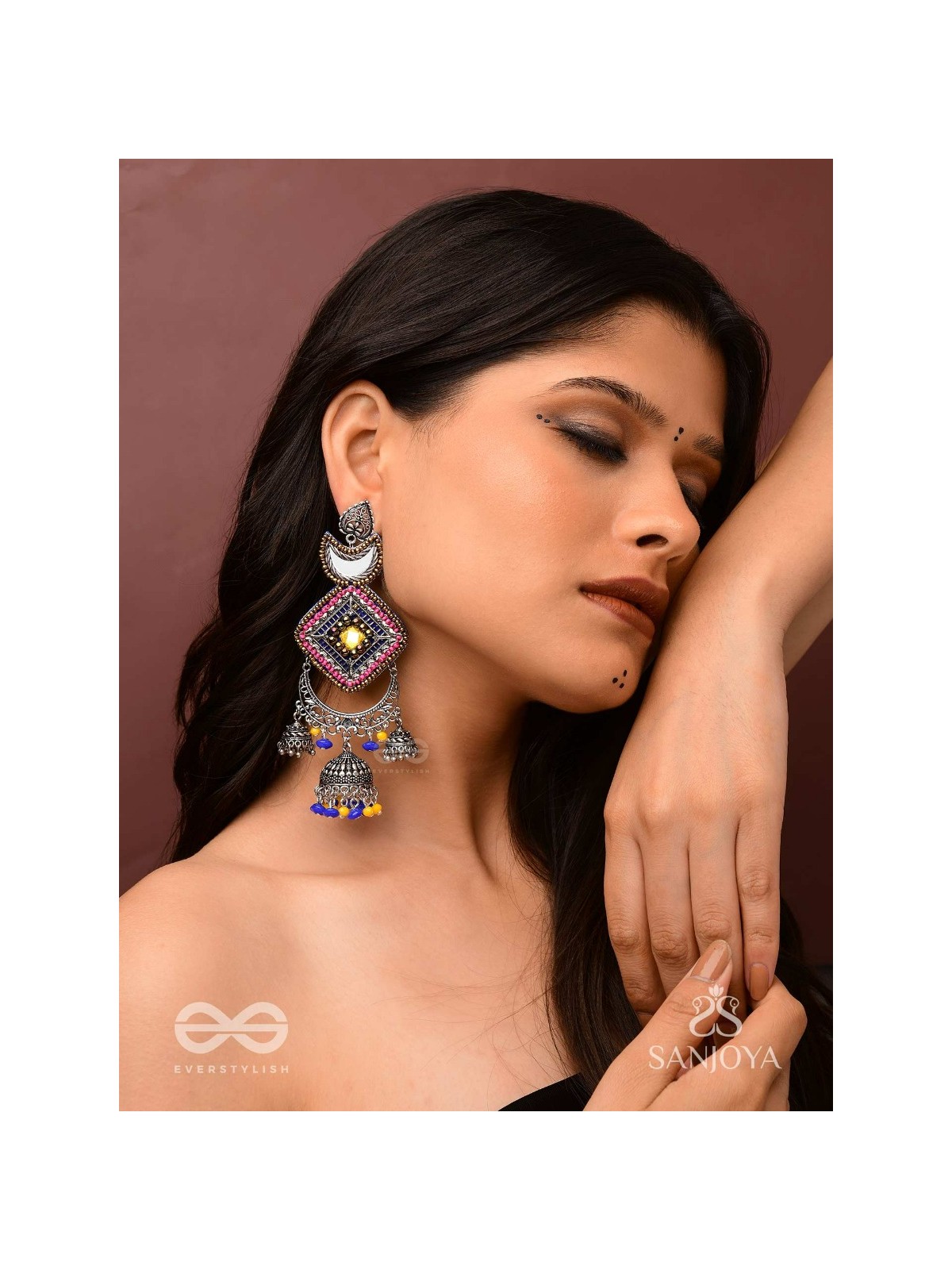 CHANDRAKANTA-MOONSTONE EARRINGS-STATEMENT OXIDISED JHUMKAS WITH MIRROR, BEADS AND THREAD WORK