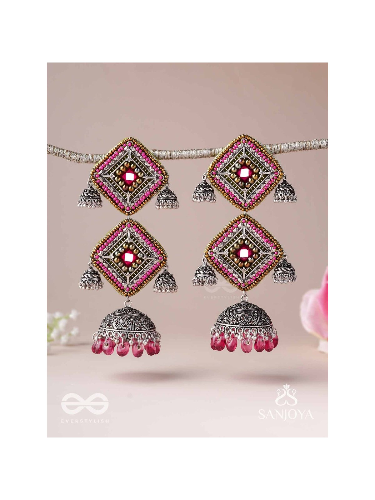 VISHRUTA-CELEBRATED ELEGANCE-STATEMENT OXIDISED JHUMKAS WITH MIRROR, BEADS AND THREAD WORK