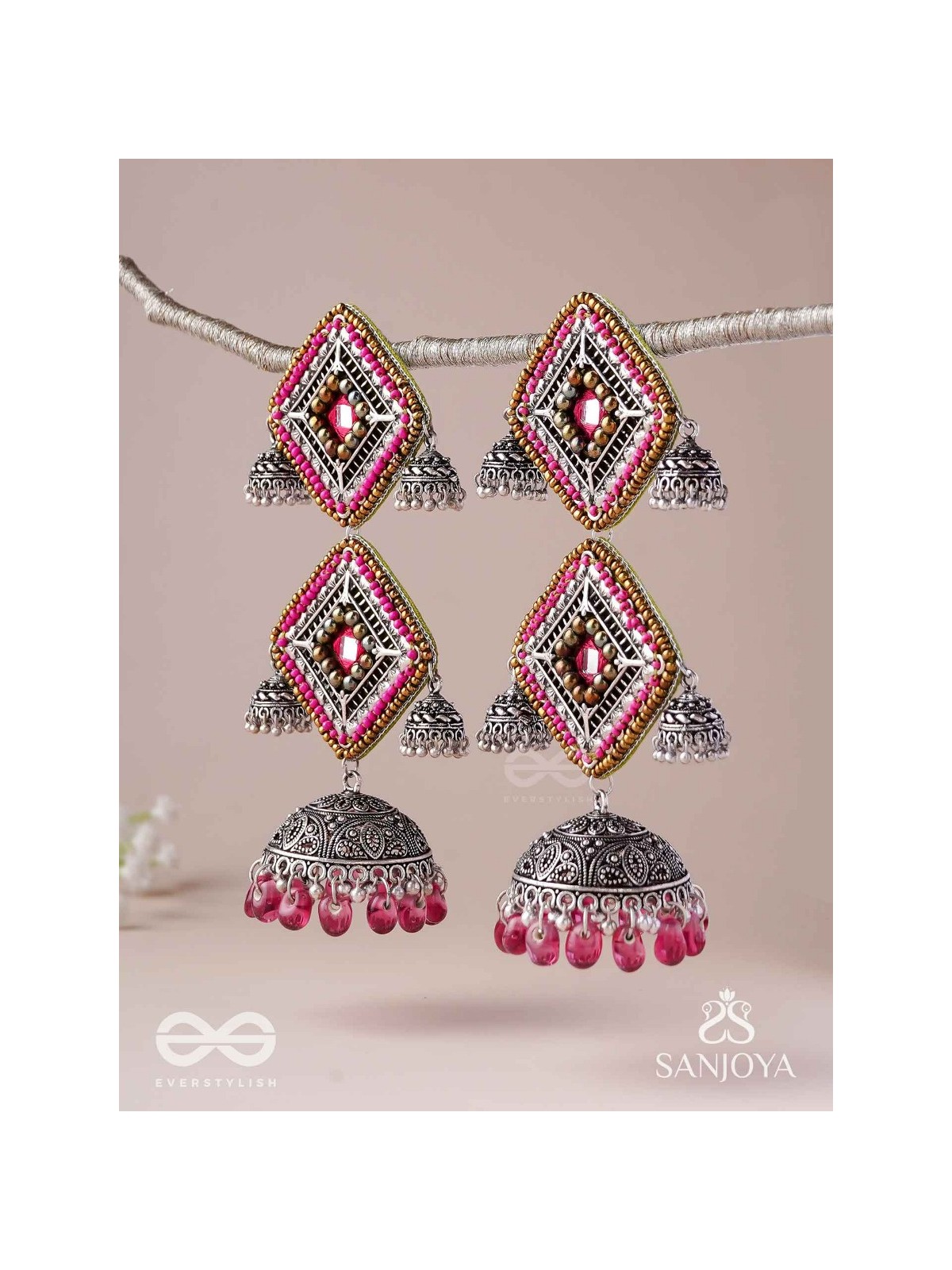 VISHRUTA-CELEBRATED ELEGANCE-STATEMENT OXIDISED JHUMKAS WITH MIRROR, BEADS AND THREAD WORK