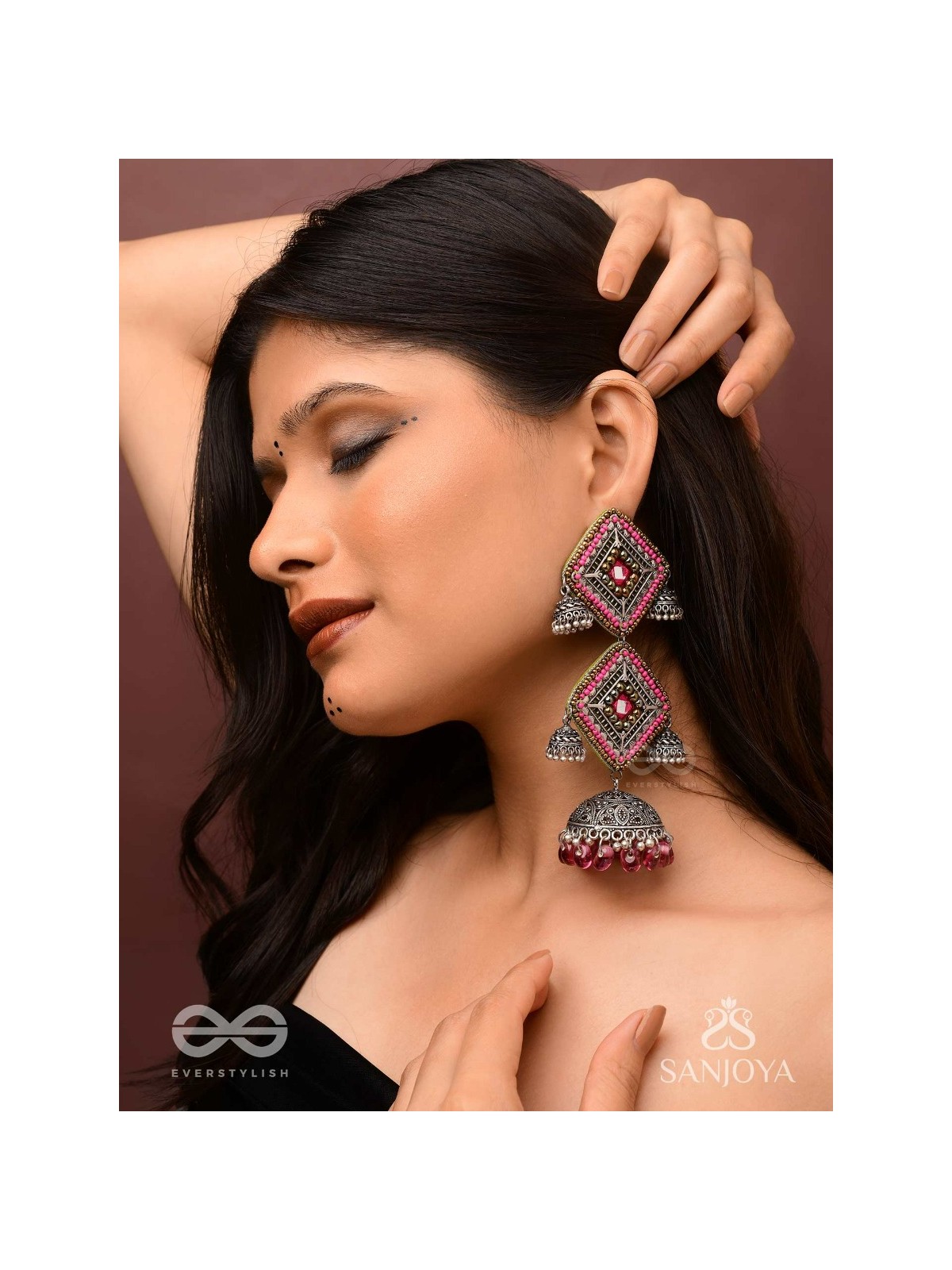 VISHRUTA-CELEBRATED ELEGANCE-STATEMENT OXIDISED JHUMKAS WITH MIRROR, BEADS AND THREAD WORK