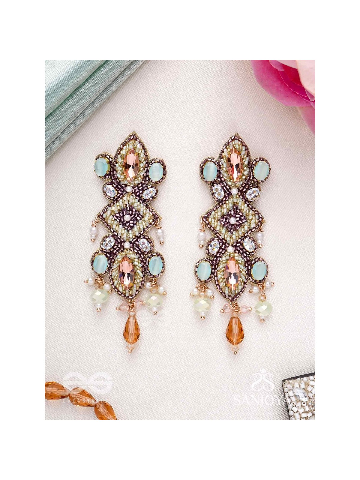 Shringarakundala-Ornamental Earrings-Turquoise and tangerine stones, embellished with Beads and Pearls.
