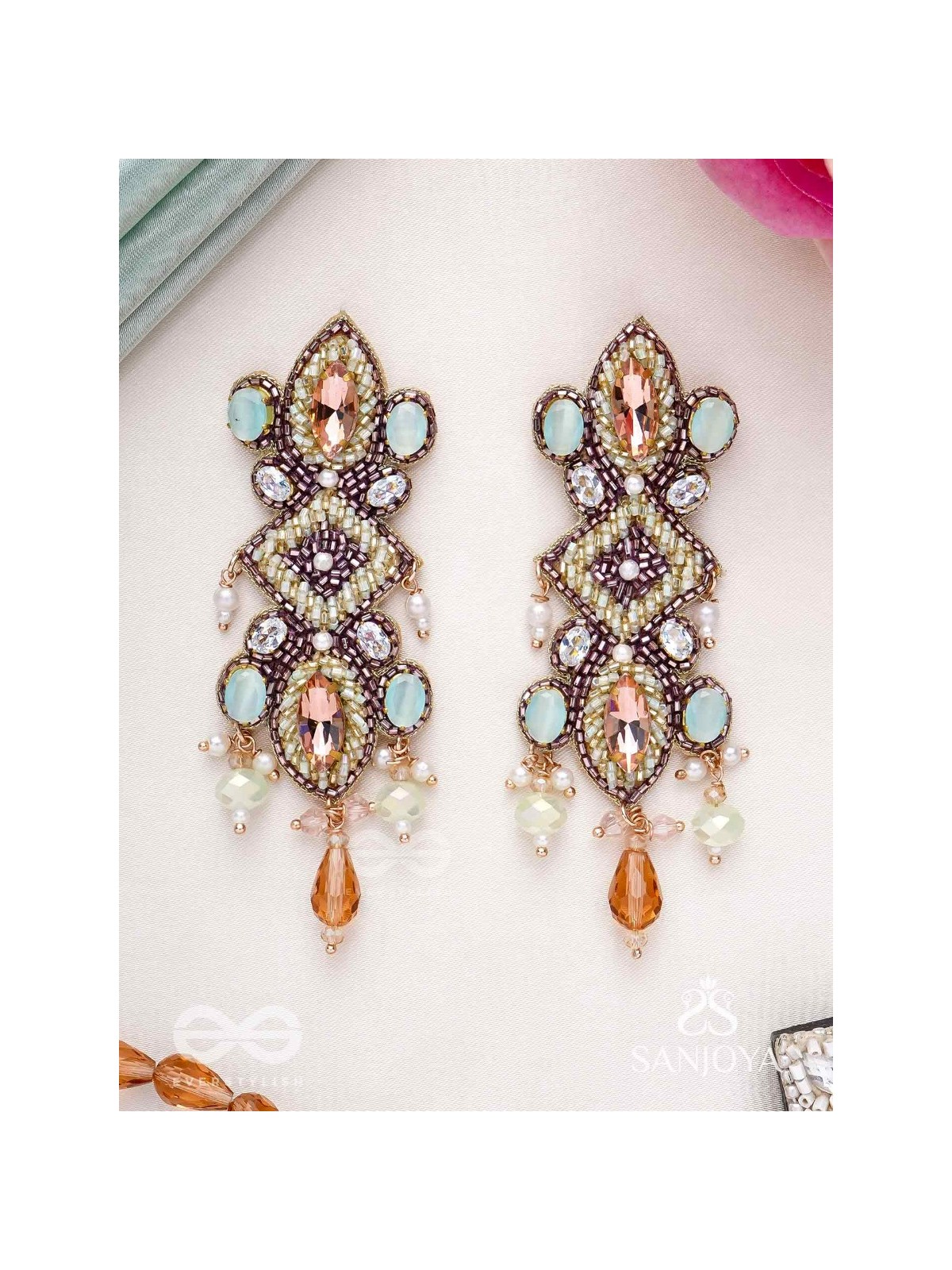 Shringarakundala-Ornamental Earrings-Turquoise and tangerine stones, embellished with Beads and Pearls.