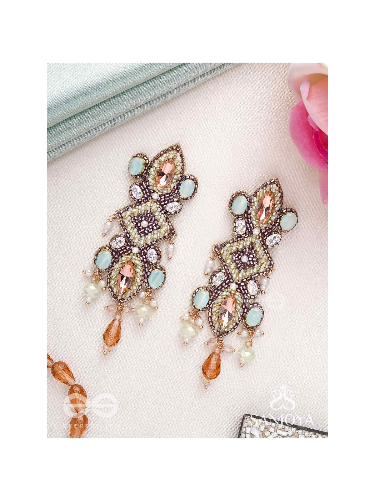 Shringarakundala-Ornamental Earrings-Turquoise and tangerine stones, embellished with Beads and Pearls.