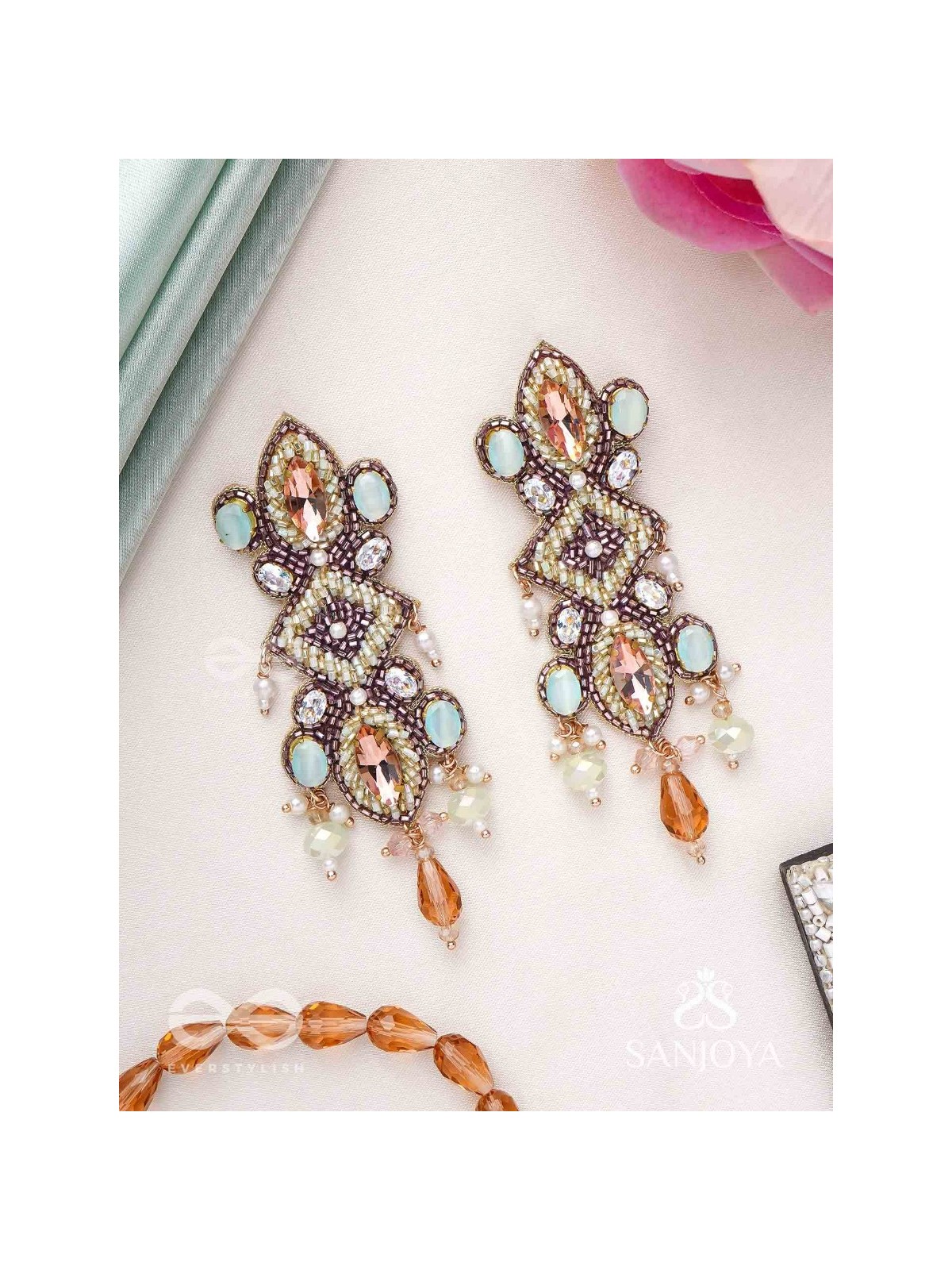 Shringarakundala-Ornamental Earrings-Turquoise and tangerine stones, embellished with Beads and Pearls.