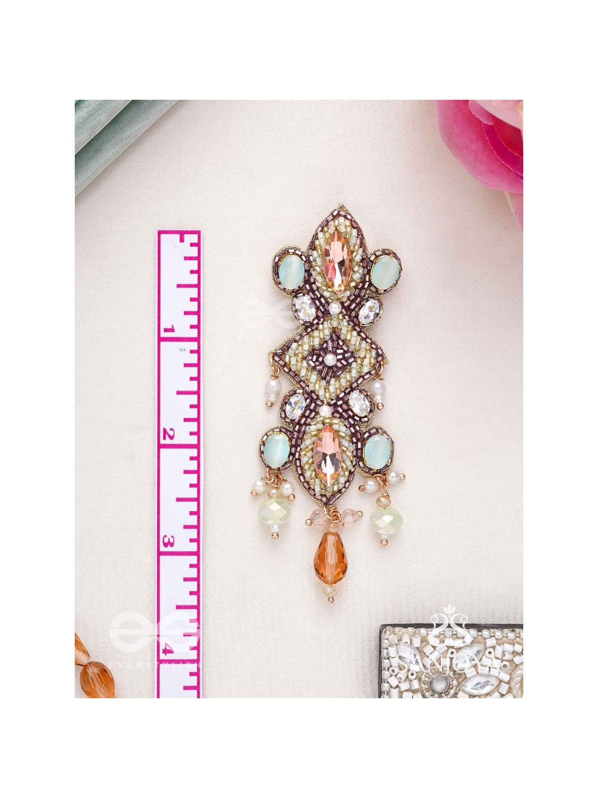 Shringarakundala-Ornamental Earrings-Turquoise and tangerine stones, embellished with Beads and Pearls.