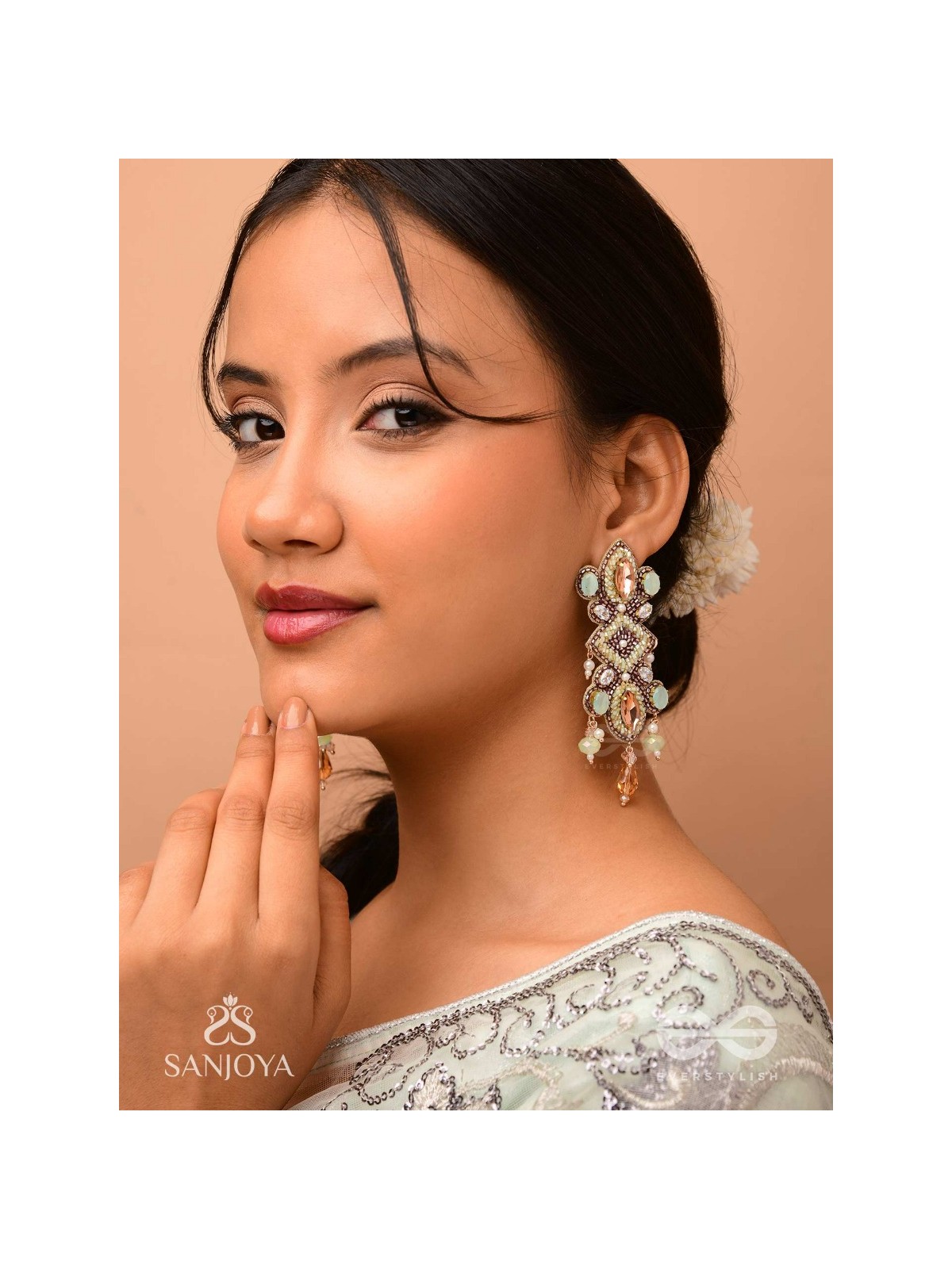 Shringarakundala-Ornamental Earrings-Turquoise and tangerine stones, embellished with Beads and Pearls.