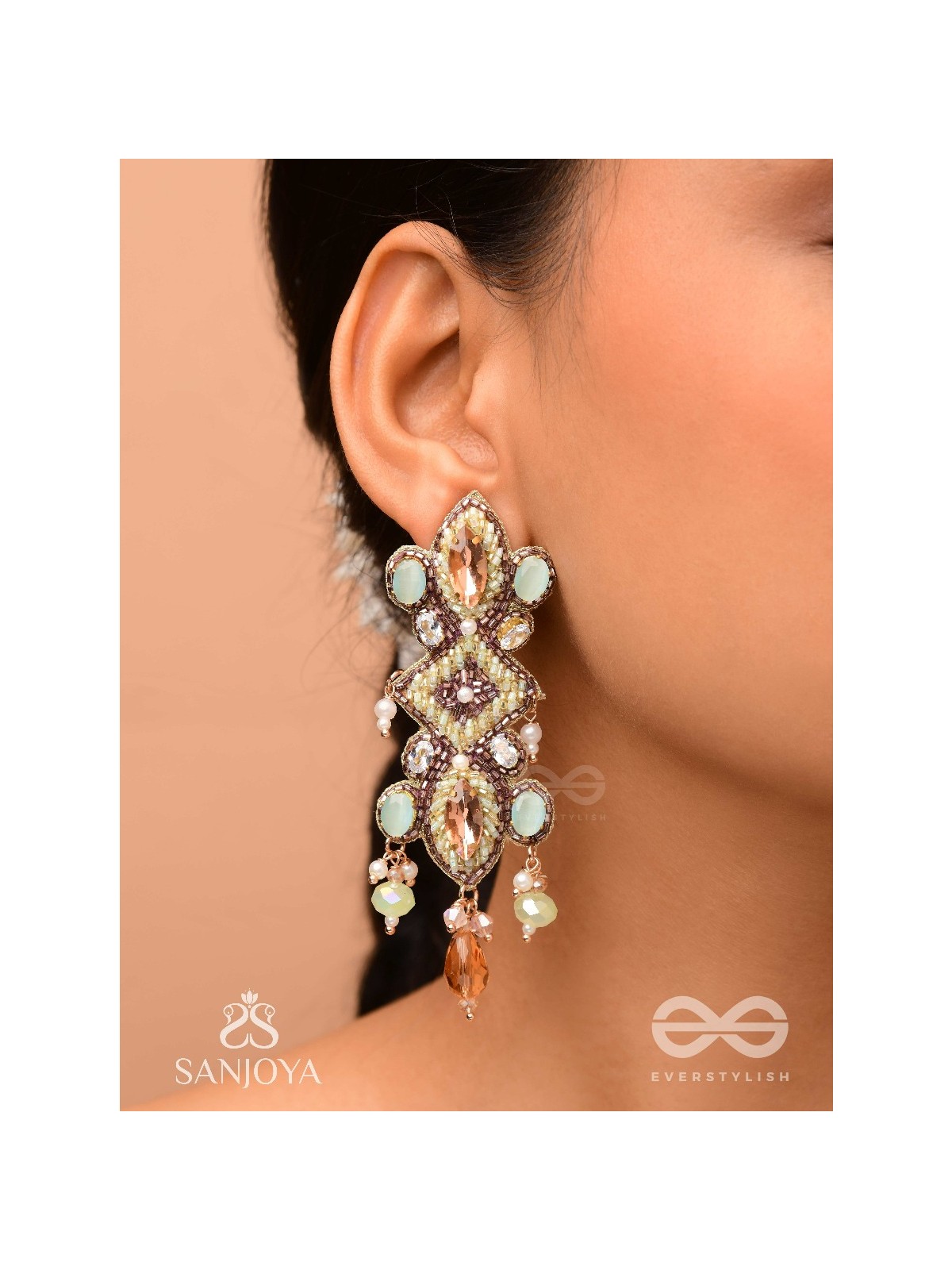 Shringarakundala-Ornamental Earrings-Turquoise and tangerine stones, embellished with Beads and Pearls.