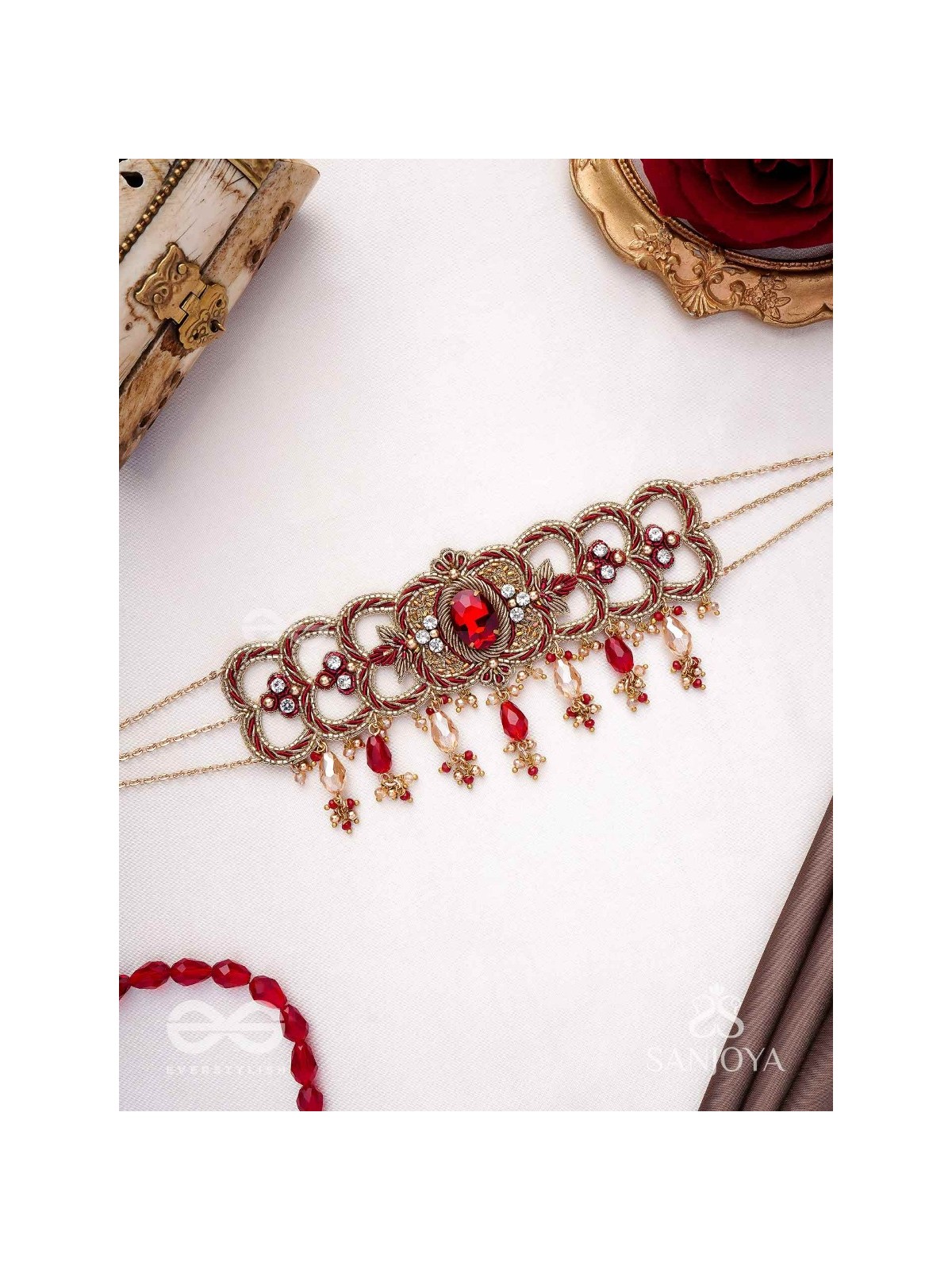 Ratnavati Hara- Adorned with Gemstones- Embroidered Gemstone Neckpiece with Beads & Thread work