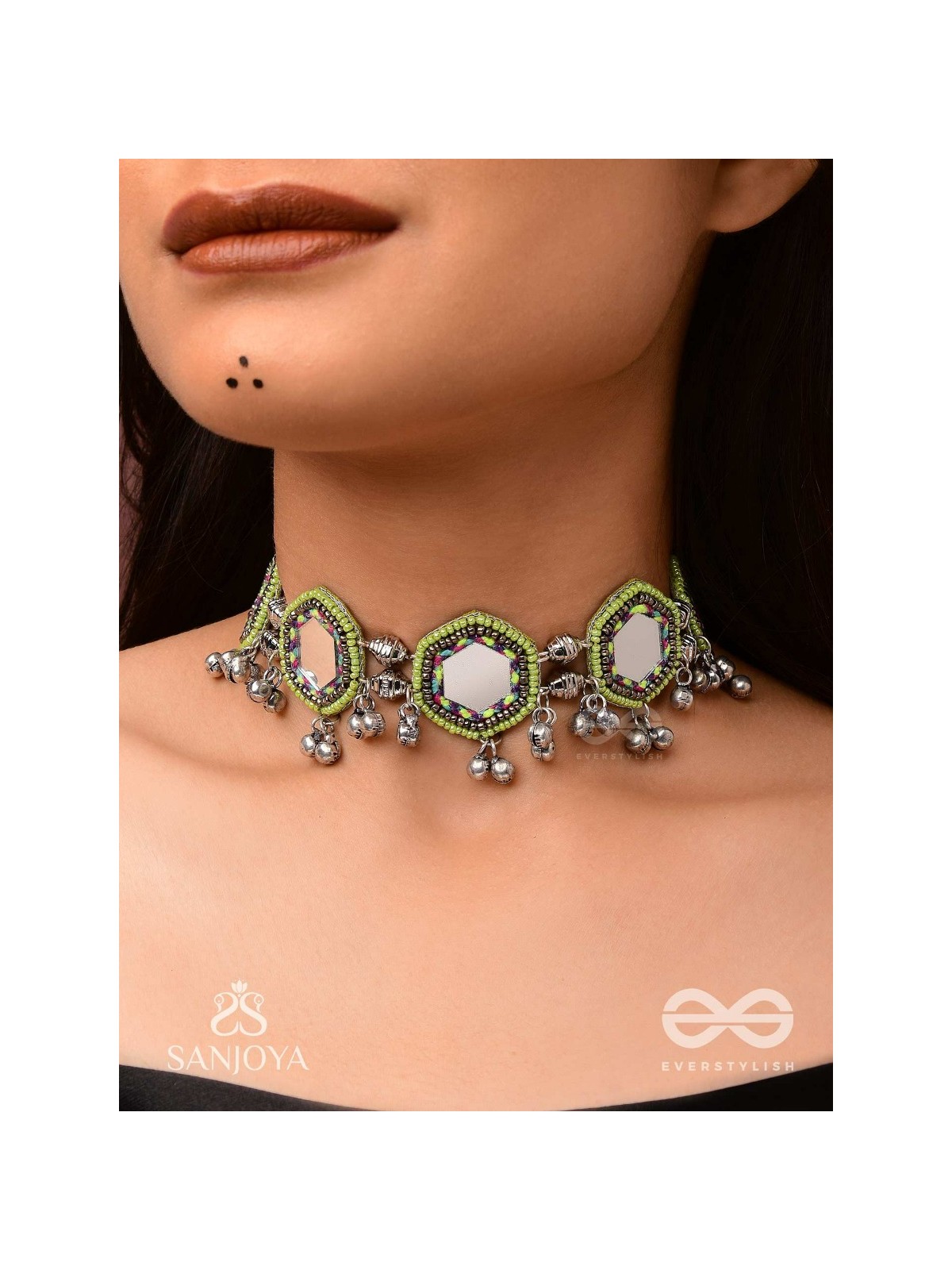 Chāyāmālā-Reflective choker- oxidized choker featuring intricate beadwork, mirrors, ghungroo (small bells), and thread details