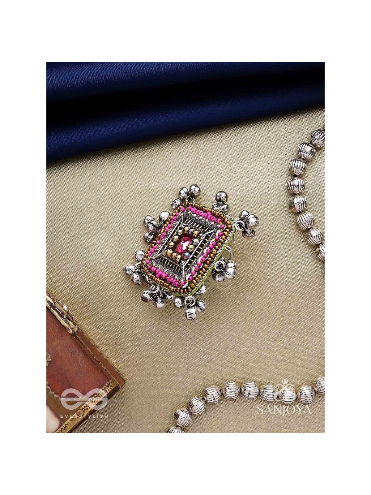 Chaturmukhi-Four-Faced- Oxidized embroidered ring features ghunghroo, beads & mirror. 