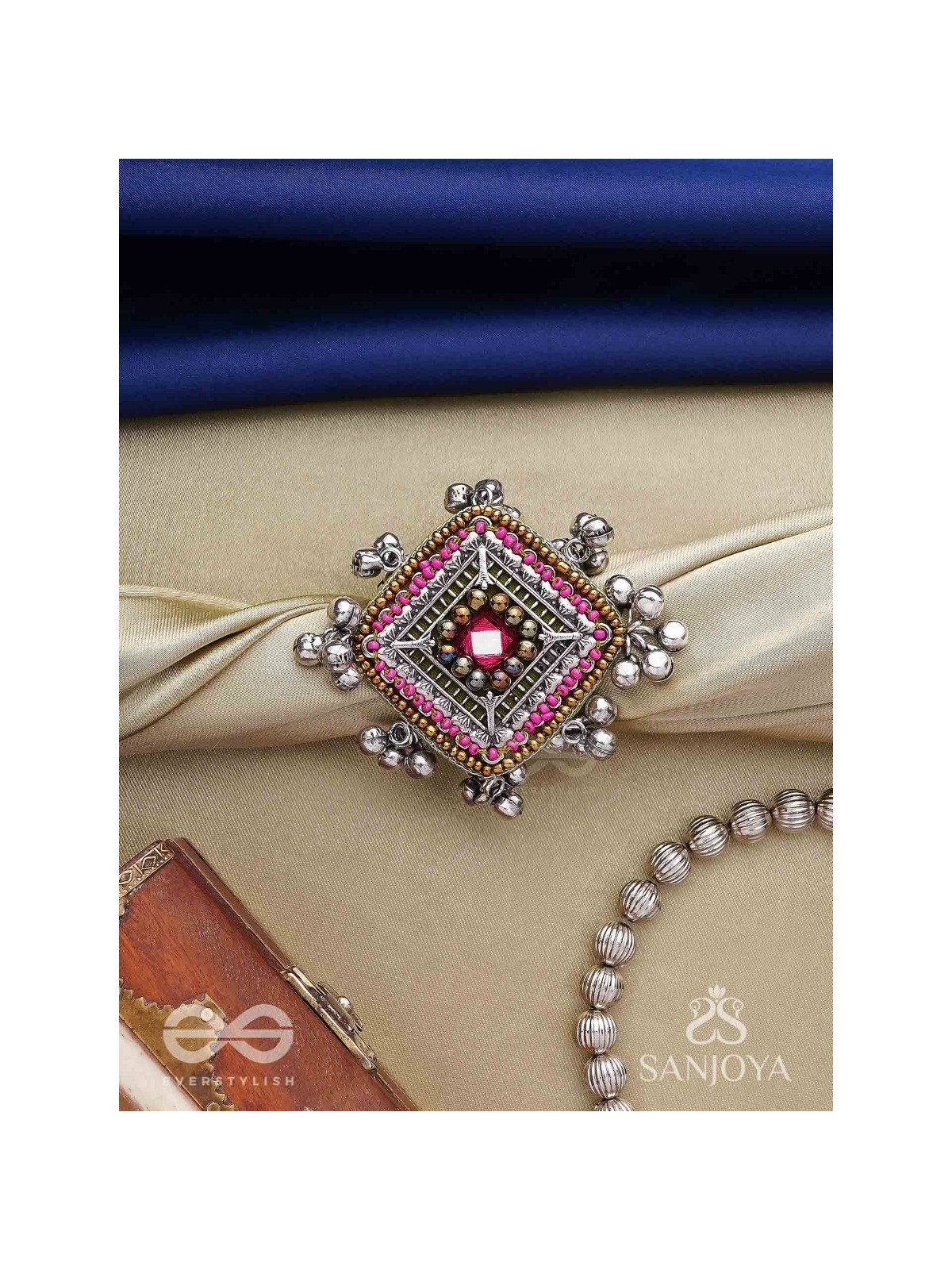 Chaturmukhi-Four-Faced- Oxidized embroidered ring features ghunghroo, beads & mirror. 