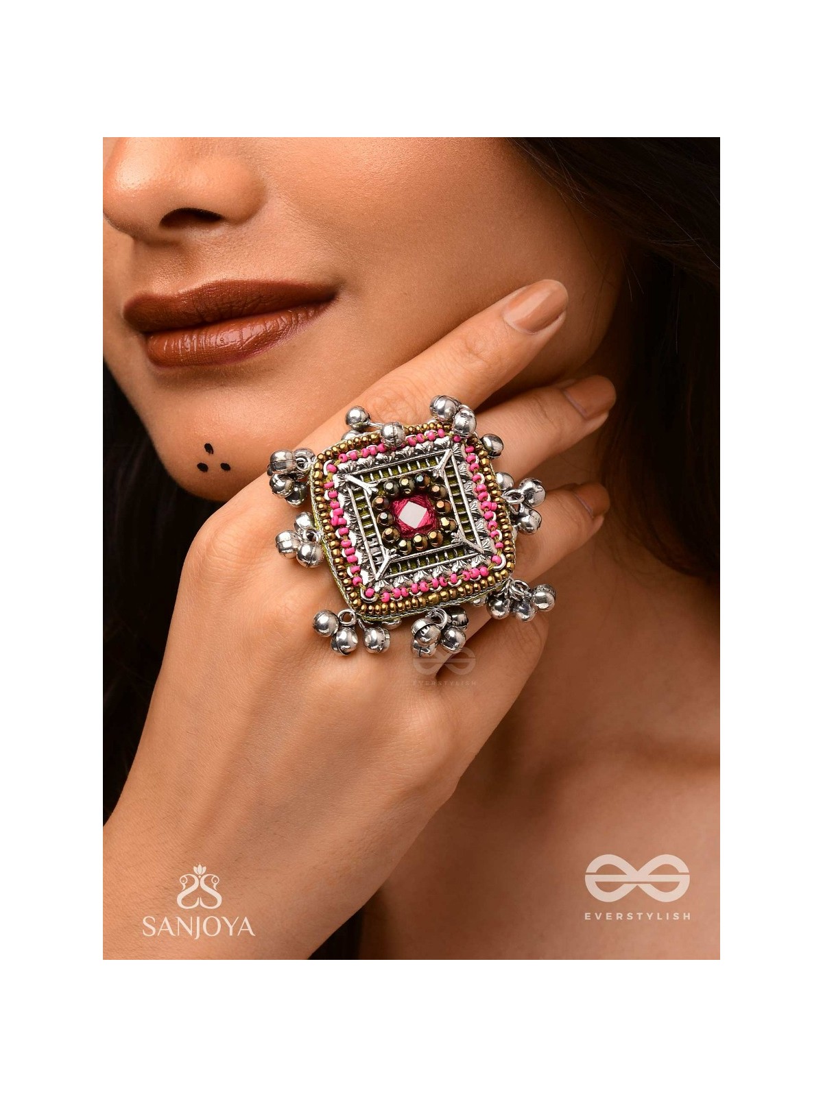 Chaturmukhi-Four-Faced- Oxidized embroidered ring features ghunghroo, beads & mirror. 