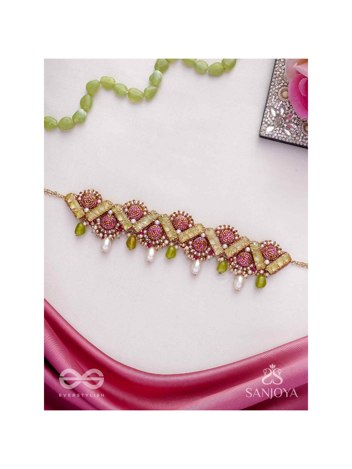 Manimekhala-Bejewelled Girdle-Choker adorned with pink and gold gemstones, beads and delicate pearl drops.