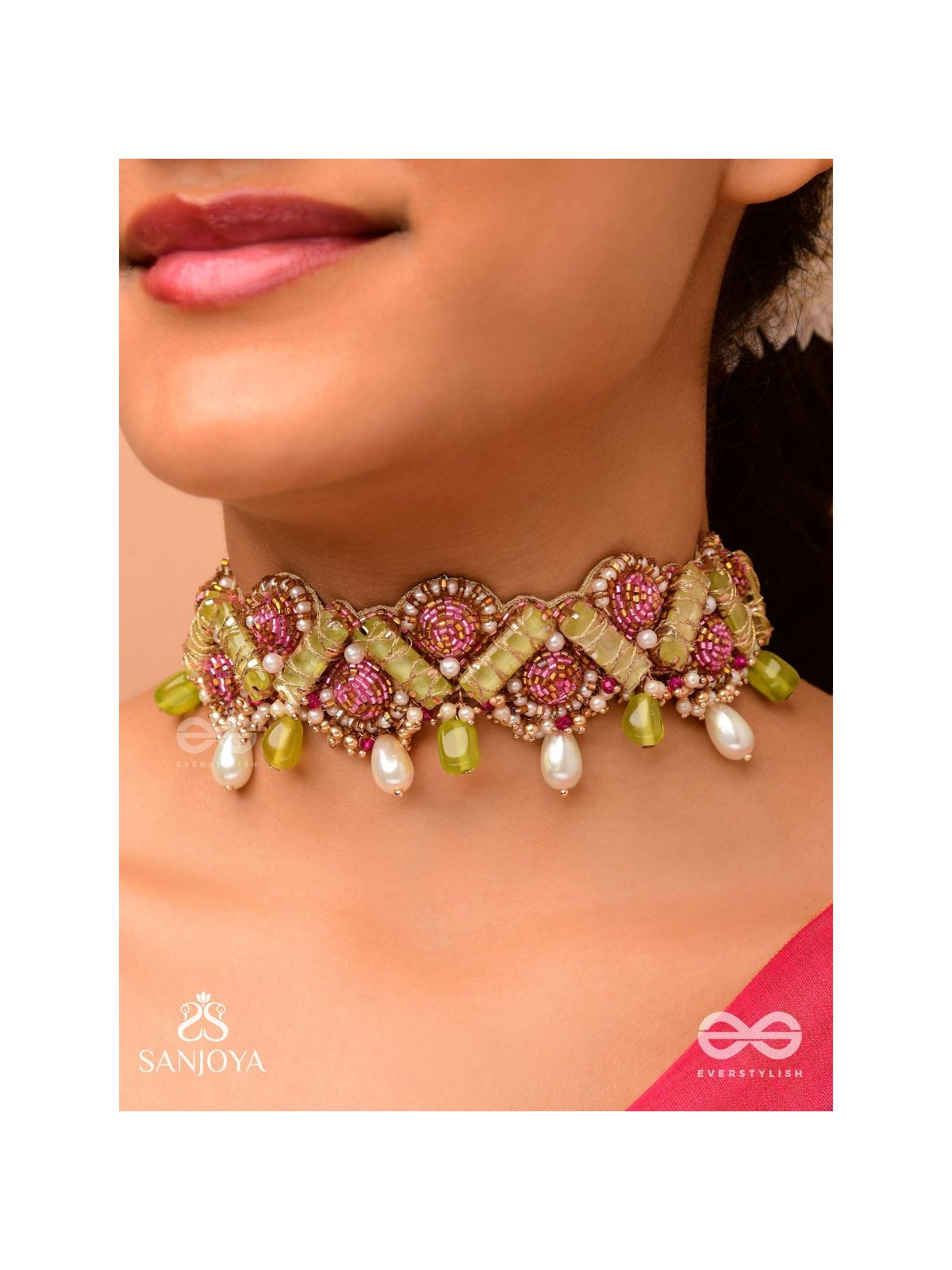 Manimekhala-Bejewelled Girdle-Choker adorned with pink and gold gemstones, beads and delicate pearl drops.