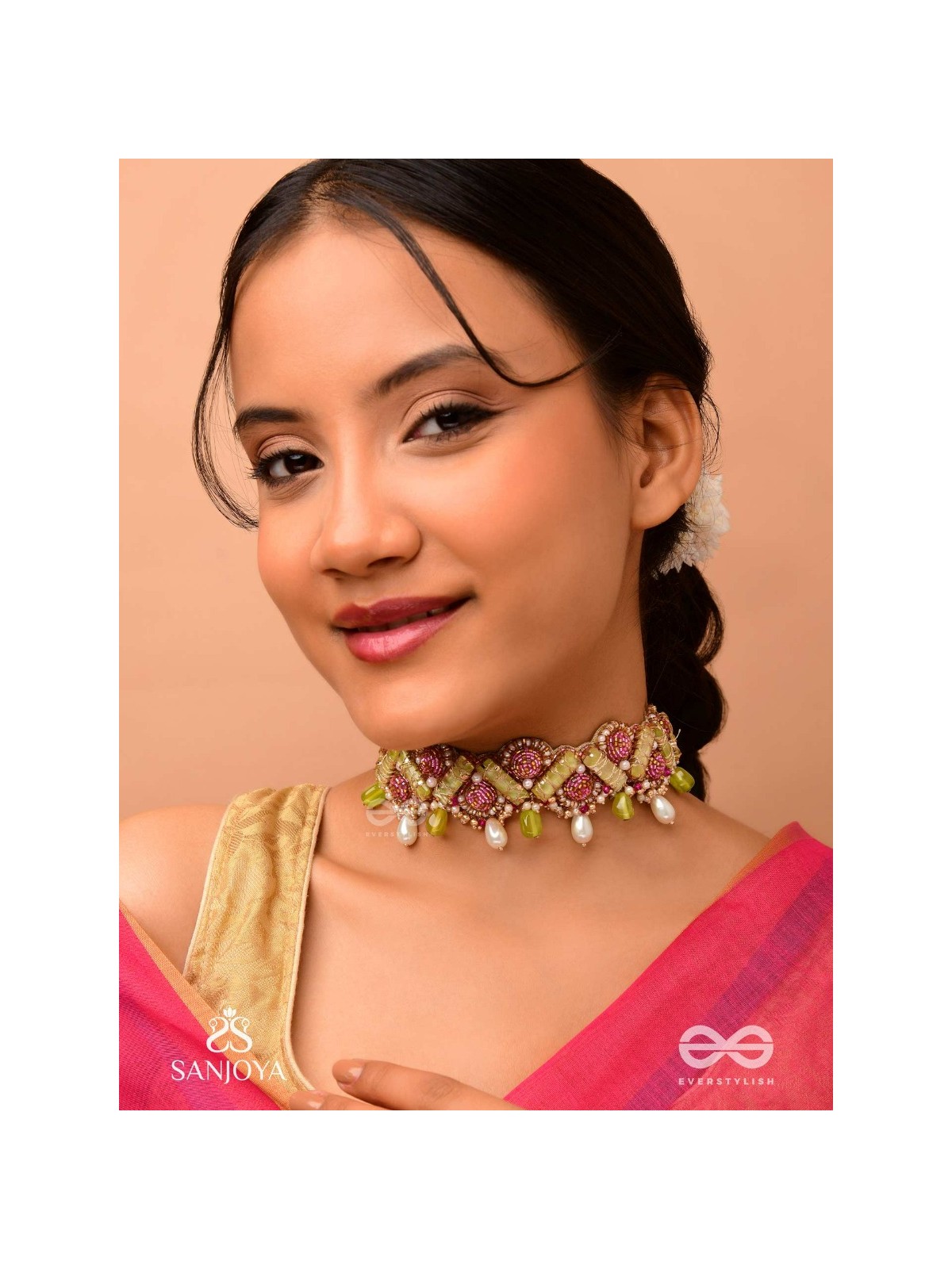 Manimekhala-Bejewelled Girdle-Choker adorned with pink and gold gemstones, beads and delicate pearl drops.