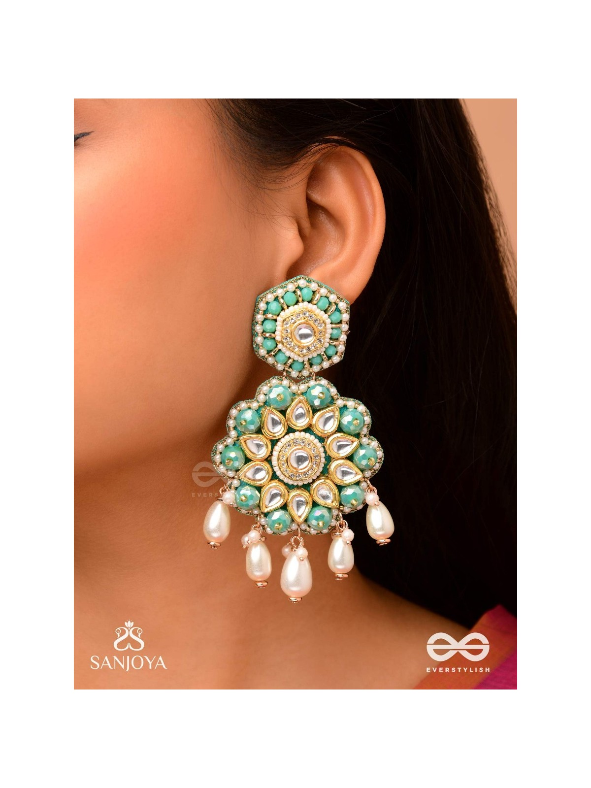 Vaidurya-Emerald Blossom- Firozi-colored glass stones earrings paired with golden and white accents, beads, and danglers