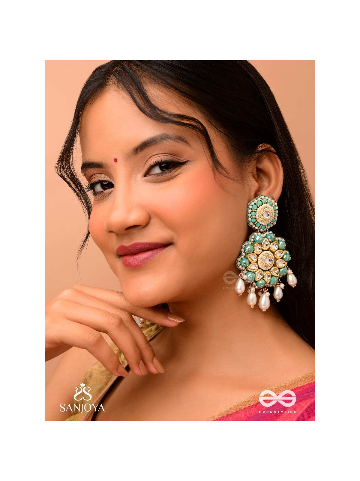 Vaidurya-Emerald Blossom- Firozi-colored glass stones earrings paired with golden and white accents, beads, and danglers